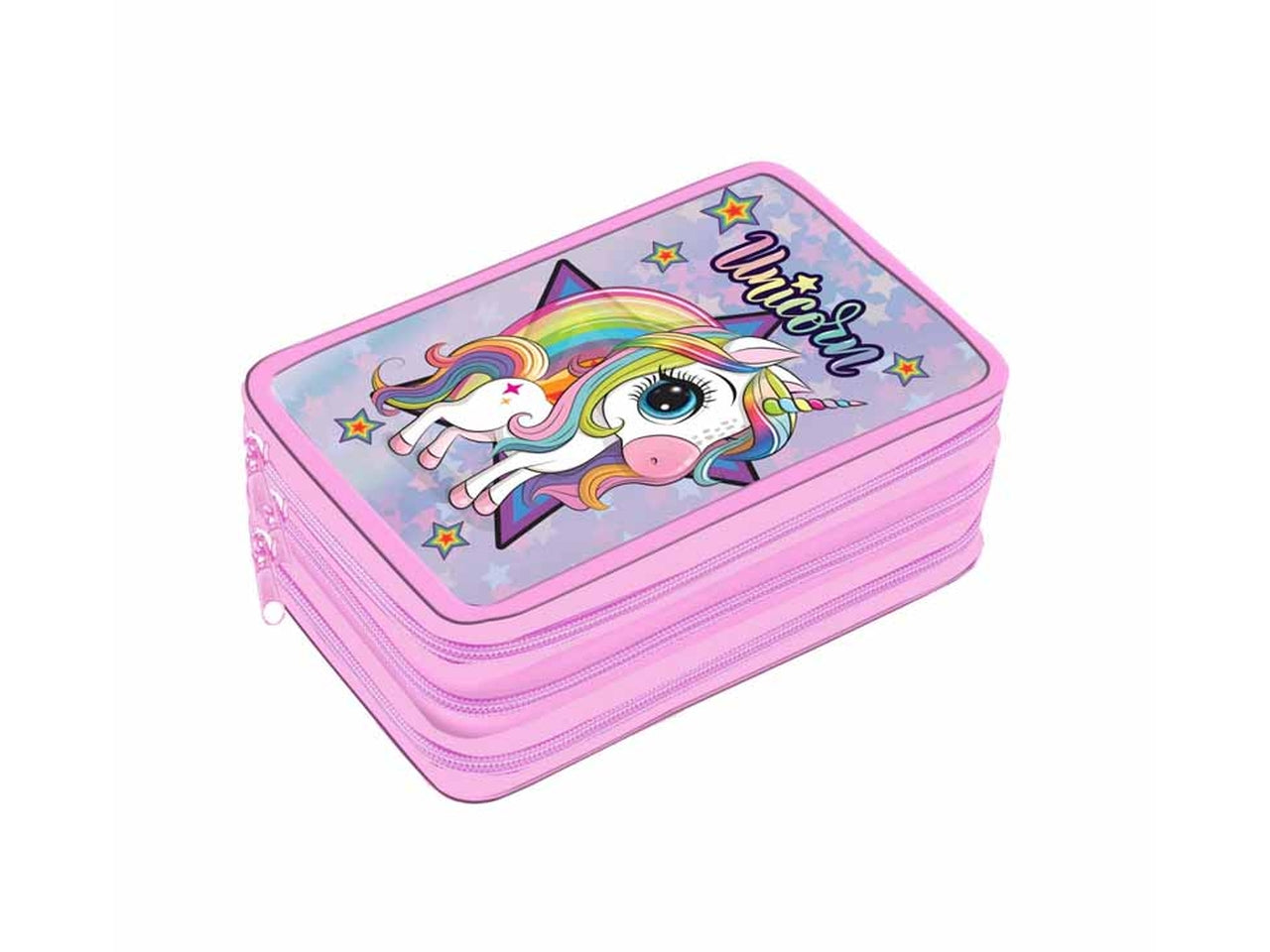 Astuccio scuola 3 scomparti unicorno per bambina rosa in tessuto iridescente 19,5x12,5x6 cm - Dimagraf