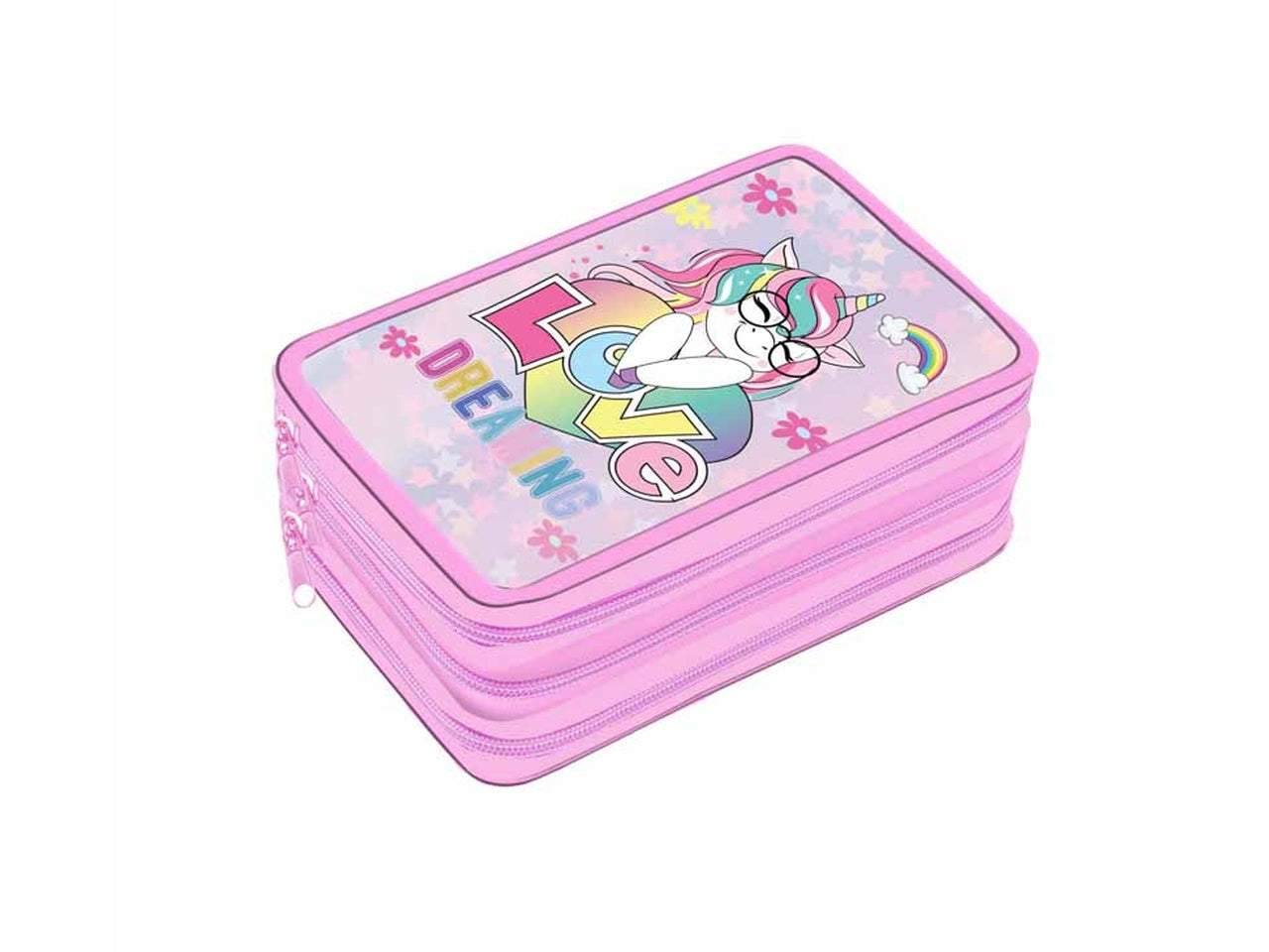 Astuccio scuola 3 scomparti unicorno per bambina rosa in tessuto iridescente 19,5x12,5x6 cm - Dimagraf