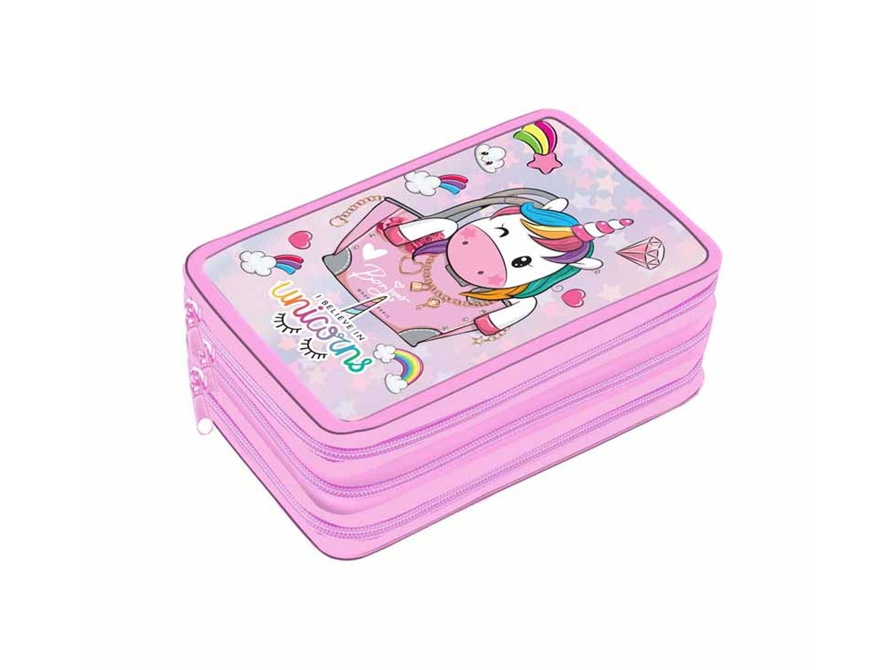 Astuccio scuola 3 scomparti unicorno per bambina rosa in tessuto iridescente 19,5x12,5x6 cm - Dimagraf