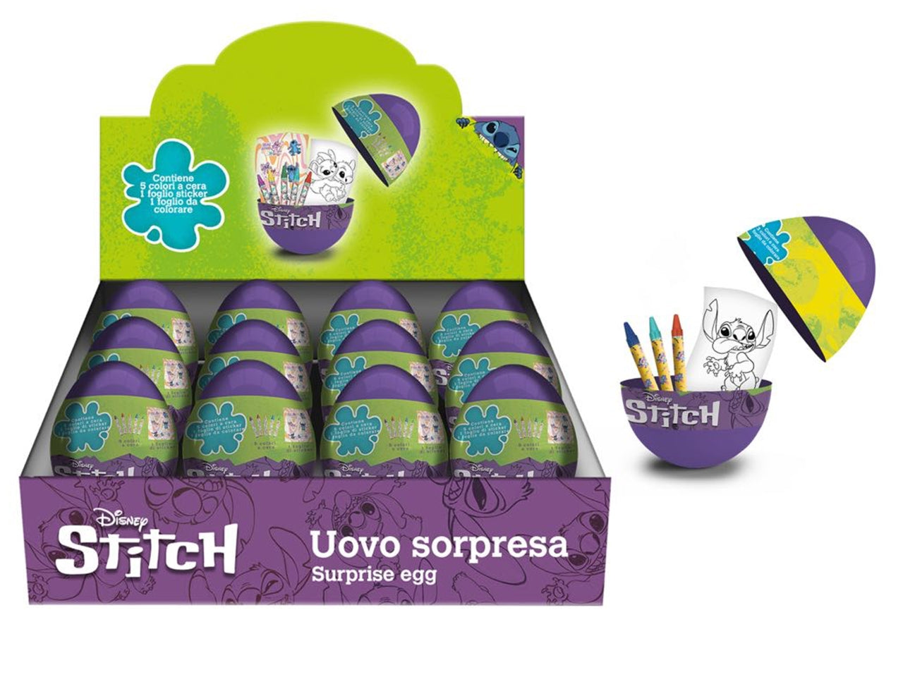 Kit colori Stitch per bimbi, ovetto sorpresa con pastelli a cera e foglio da colorare - Mc group