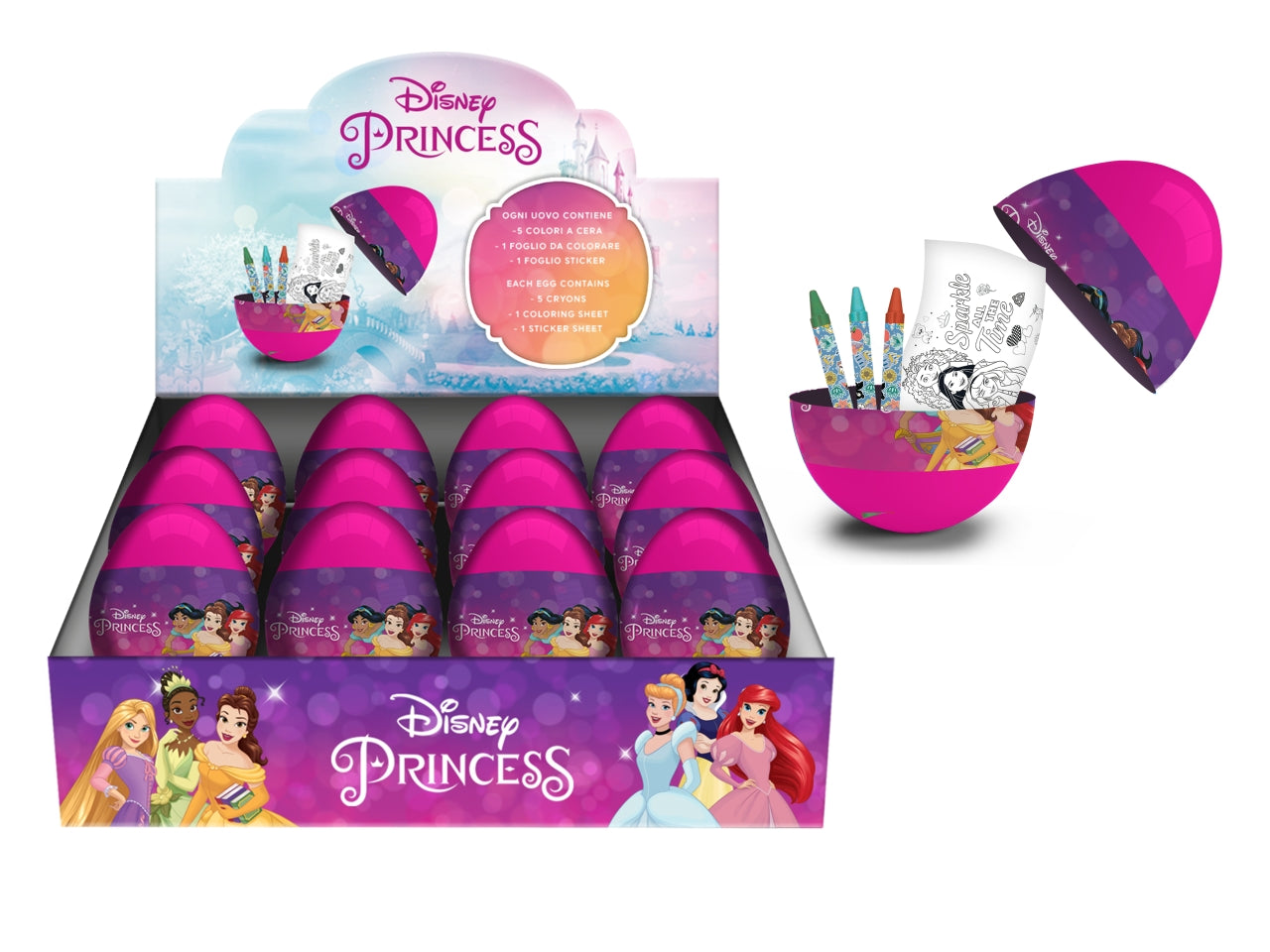 Kit colori Principesse Disney per bimba, ovetto sorpresa Disney con pastelli a cera e foglio da colorare - Mc group