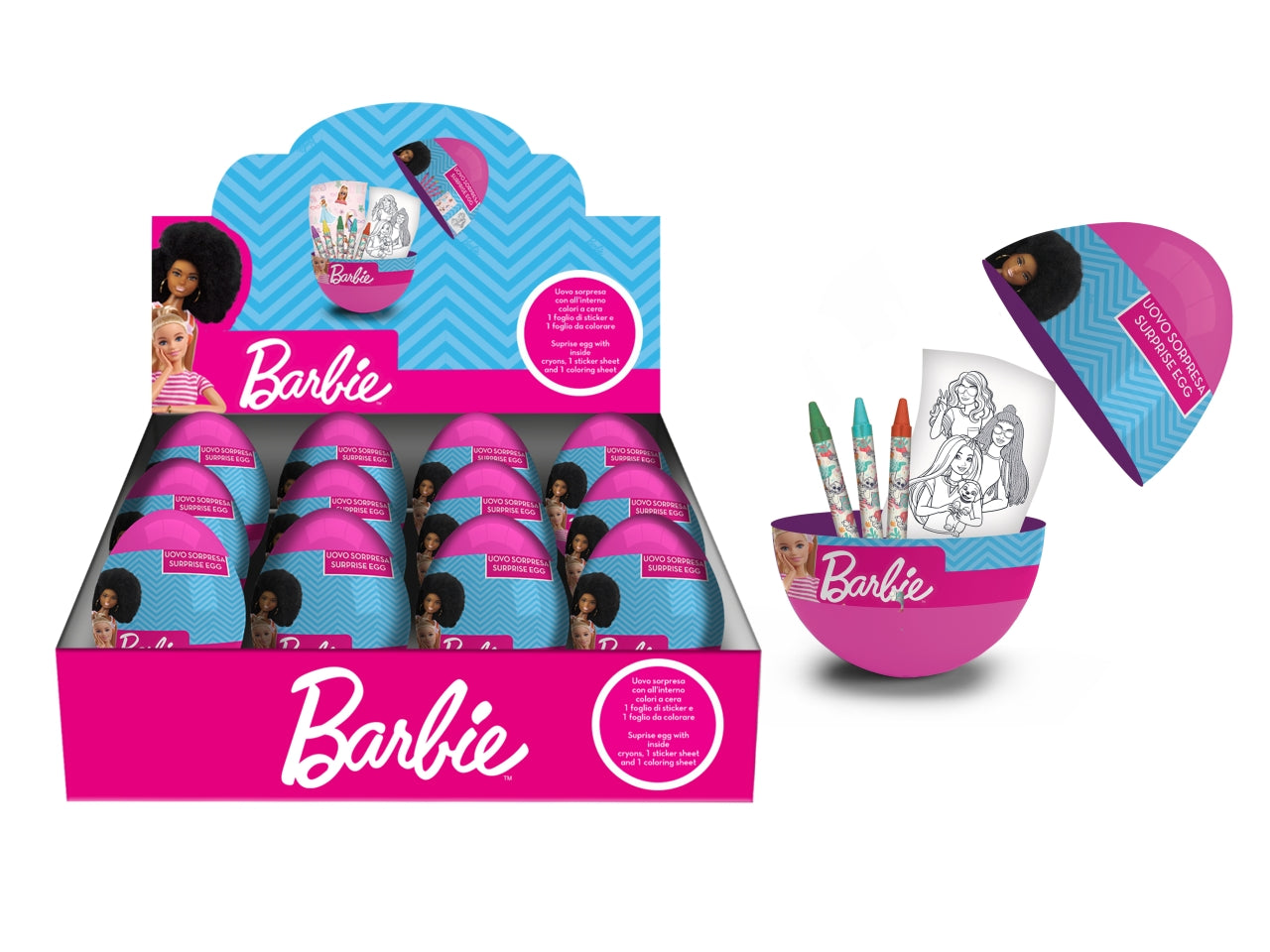Kit colori Barbie per bimba, ovetto sorpresa con pastelli a cera e foglio da colorare - Mc group