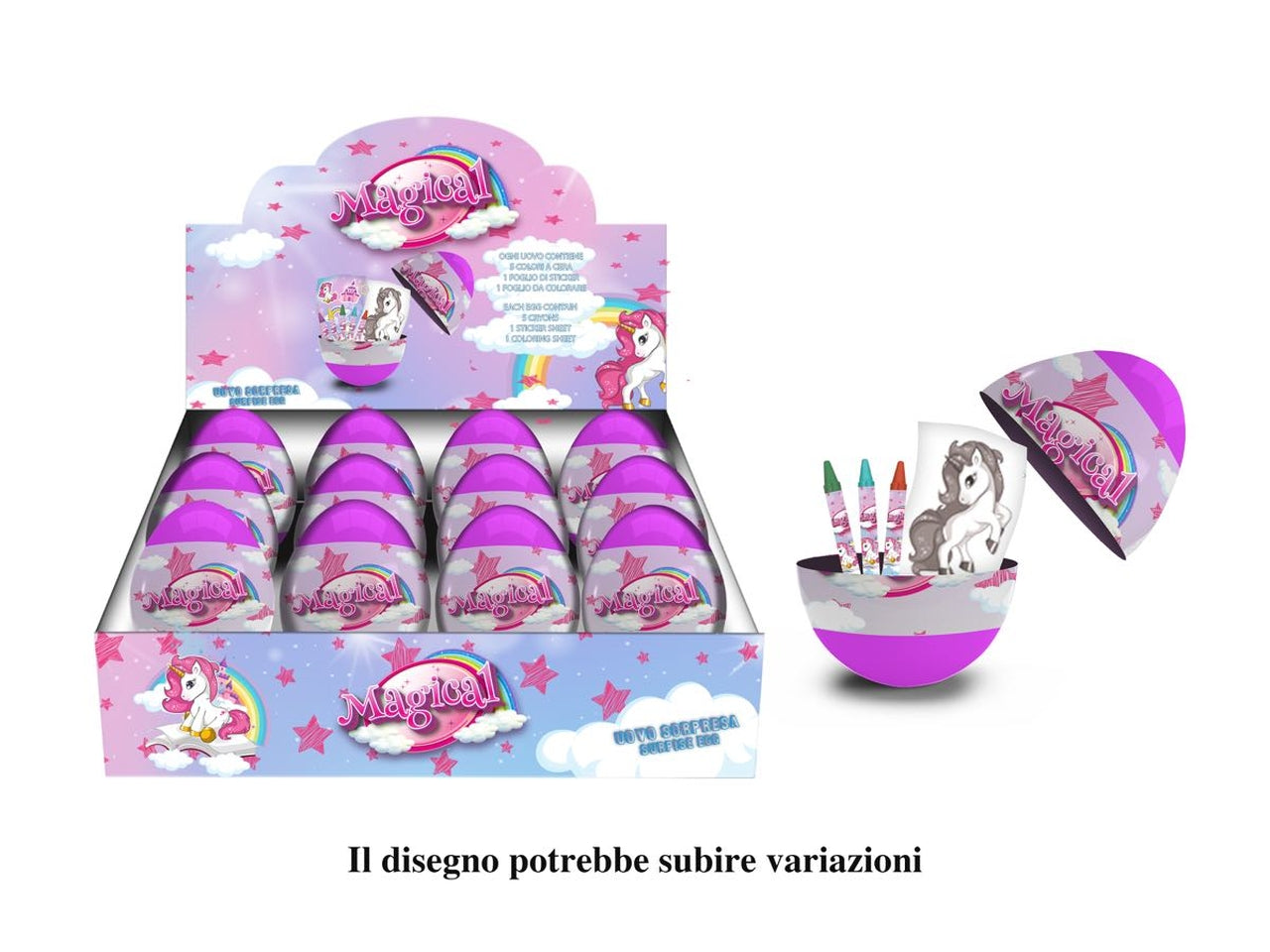 Kit colori Unicorno per bimba, ovetto sorpresa con pastelli a cera e foglio da colorare - MC Group