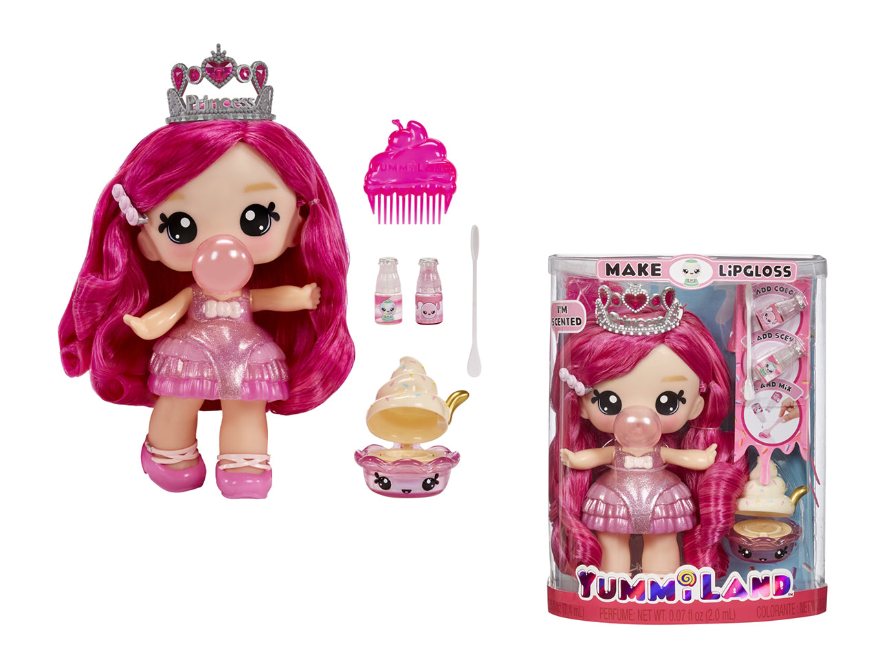 Yummiland Large Doll + Lipgloss Pet - Bianca Bubblegum: Bambola Rosa con Lucidalabbra Personalizzabile, Pettine e Accessori, Gioco Unisex per Bambini 4+ | MGA Entertainment