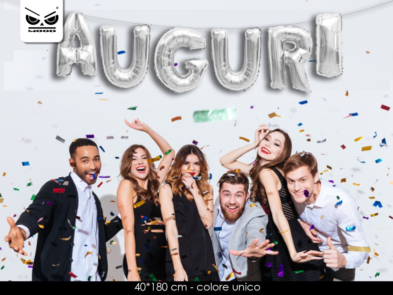 Palloncini metal auguri colore argento misura h.40x180cm con filo e cannuccia