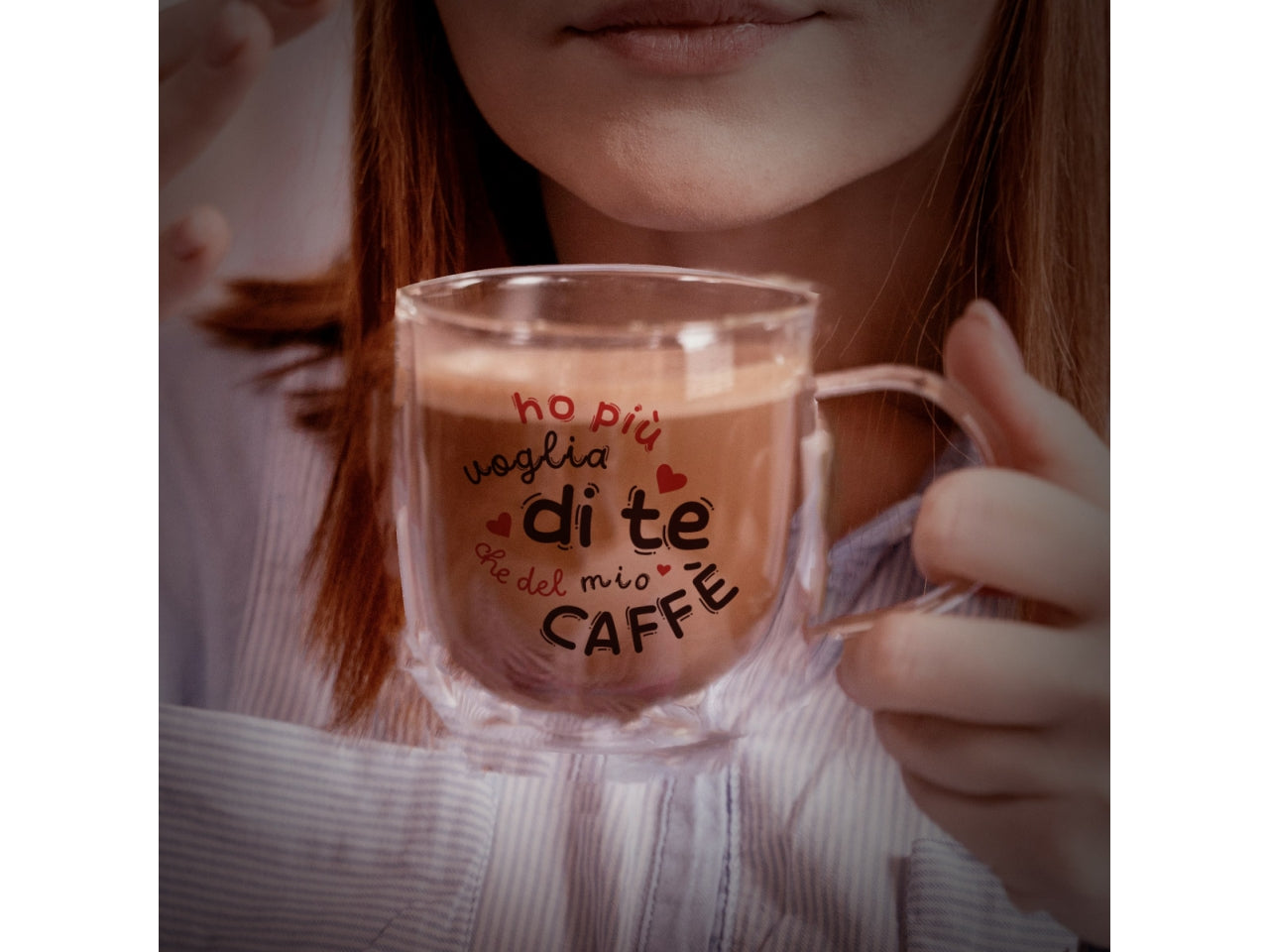 Tazza in vetro ho piu voglia di te con piattino in legno e cucchiaino