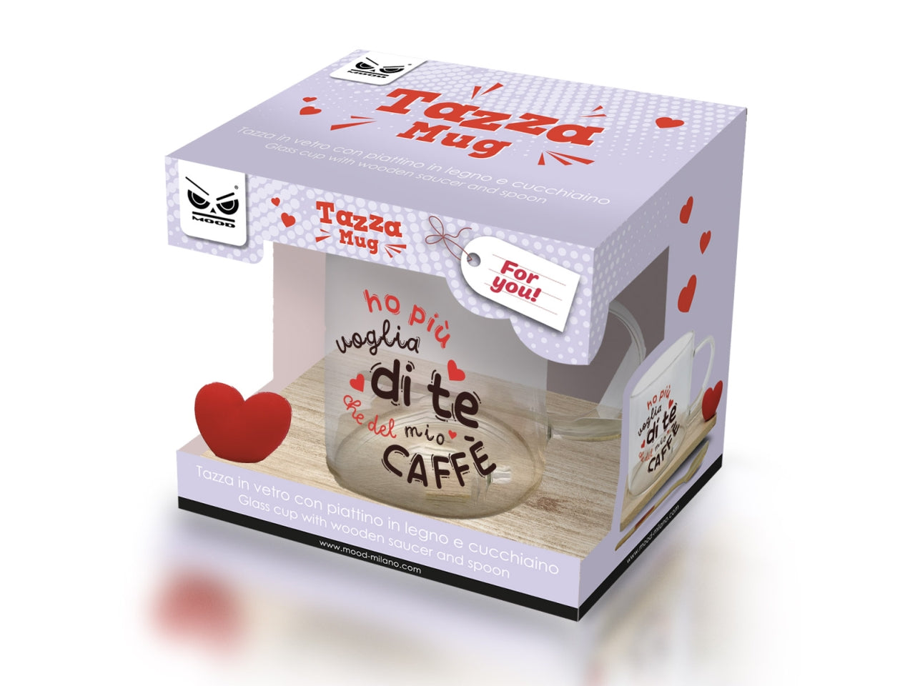 Tazza in vetro ho piu voglia di te con piattino in legno e cucchiaino