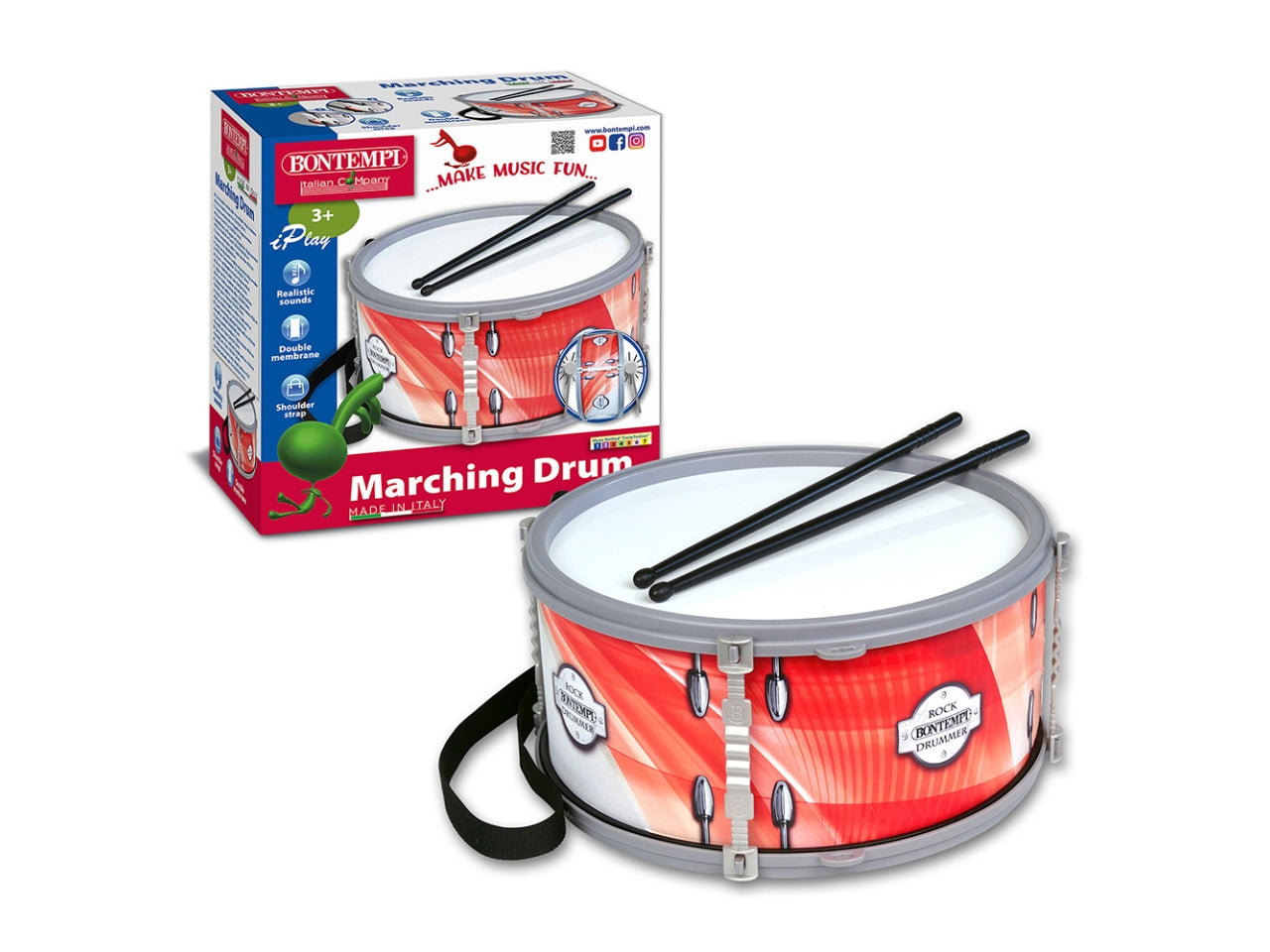 Tamburo doppia membrana con tracolla completo di bacchette