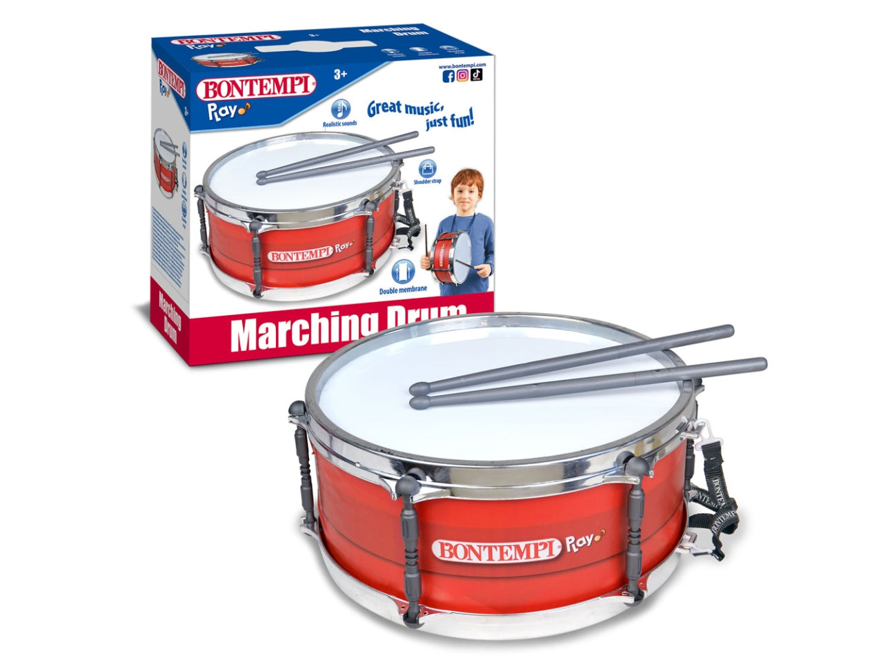 Tamburo con Tracolla - Rosso, Grigio e Bianco, con Bacchette, EtÃ  3+, Unisex, Bontempi