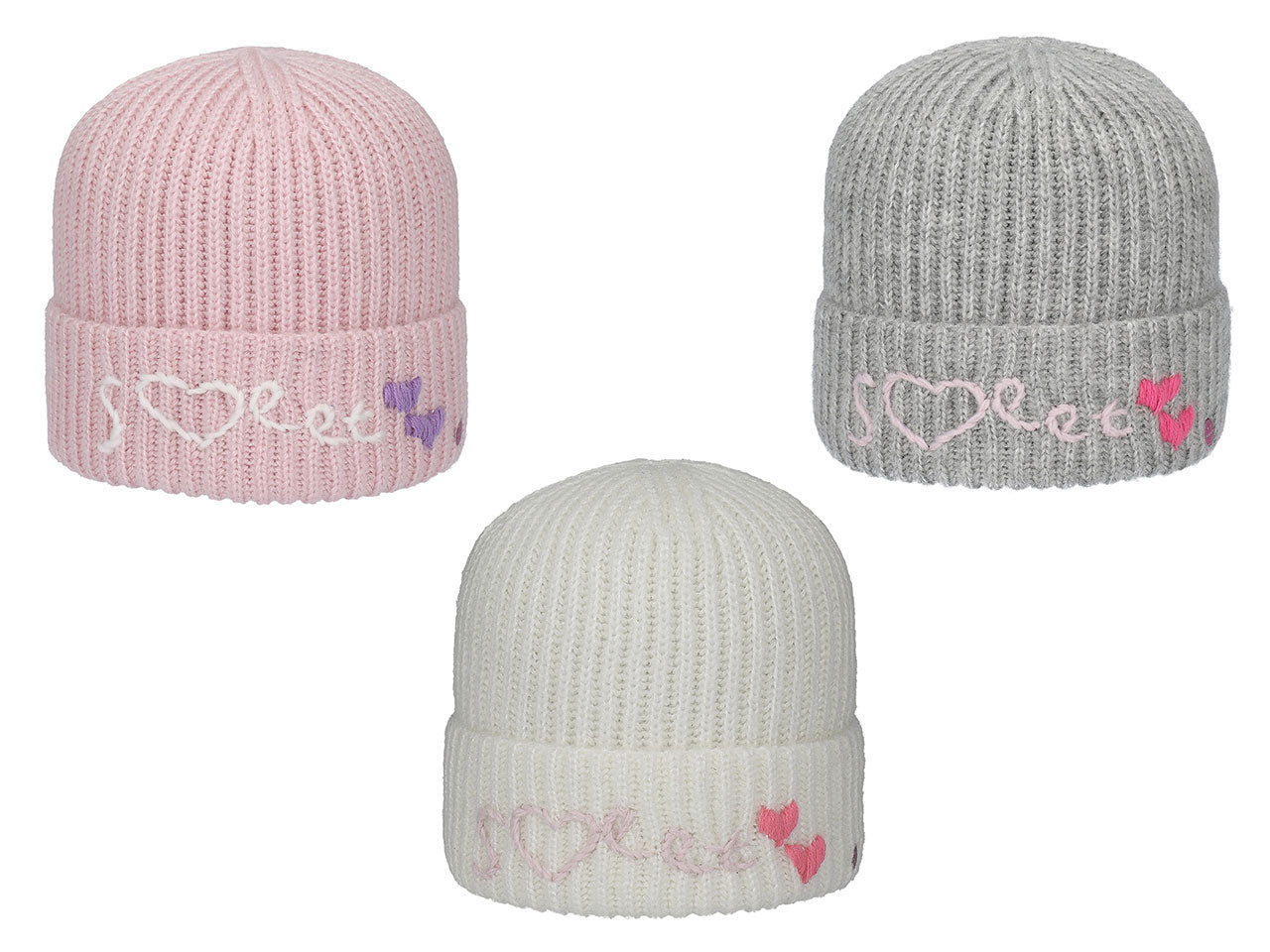 Berretto in maglia a coste con ricamo punto catenella assortito