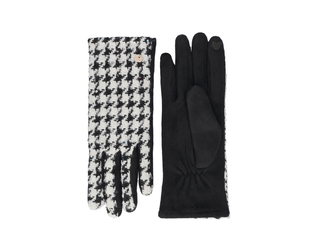 Guanto tessuto pied de poule con paillettes e touch screen nero