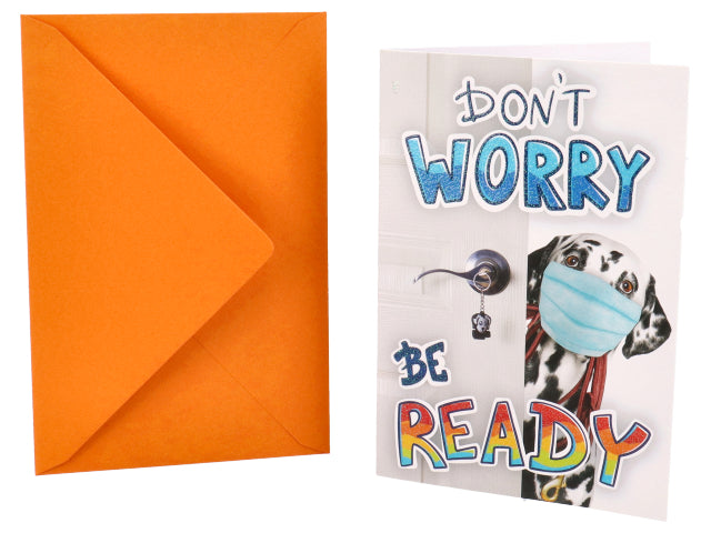 Biglietto sweet con glitter e scritta don't worry be ready con busta arancione misura 12x18cm