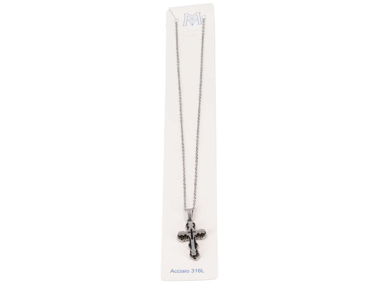 Collana con ciondolo a forma croce color acciaio e nero