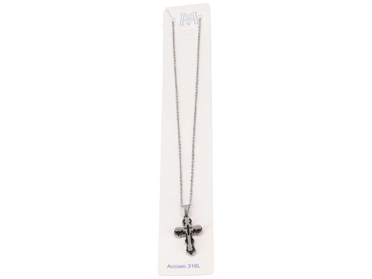Collana con ciondolo a forma croce color acciaio e nero