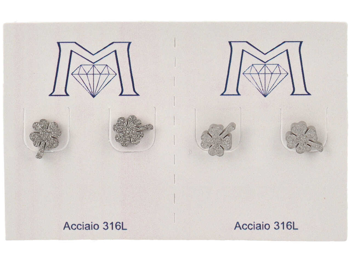 Orecchini acciaio quadrifoglio diamantato 2 paia