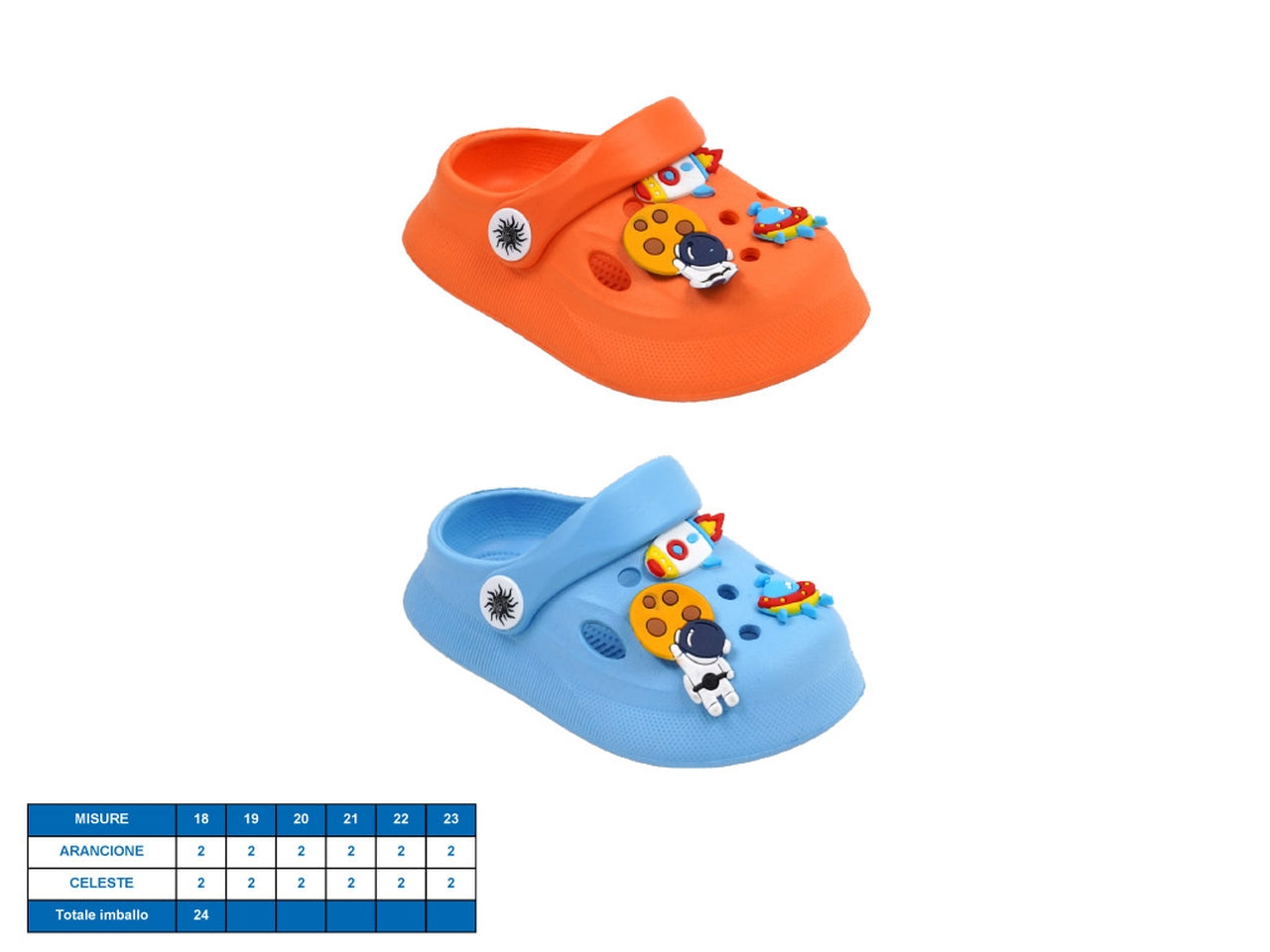 Sandalo bambino Universo celeste arancione in gomma con charms, suola antiscivolo chiusura cinturino mobile, taglie dalla 18 al 23