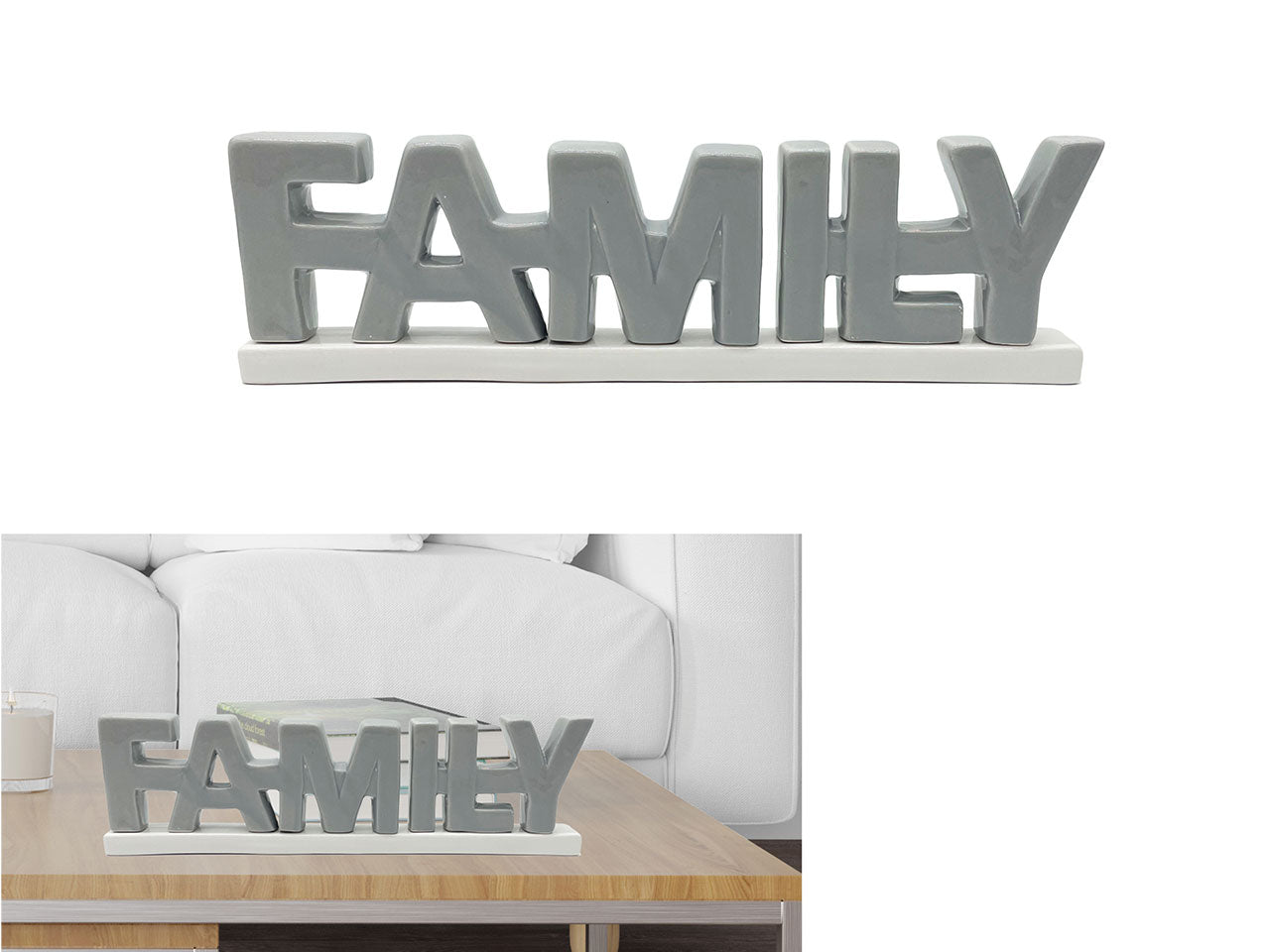 Soprammobile scritta Family in ceramica grigio e bianco 30,7x2,8x8,8 cm - Giardini di Marzo