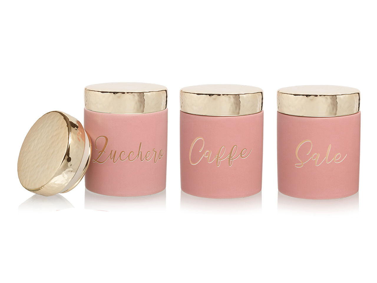 Barattoli decorativi moderni in ceramica rosa e oro 11x13,5 cm, set da 3 - Giardini di Marzo