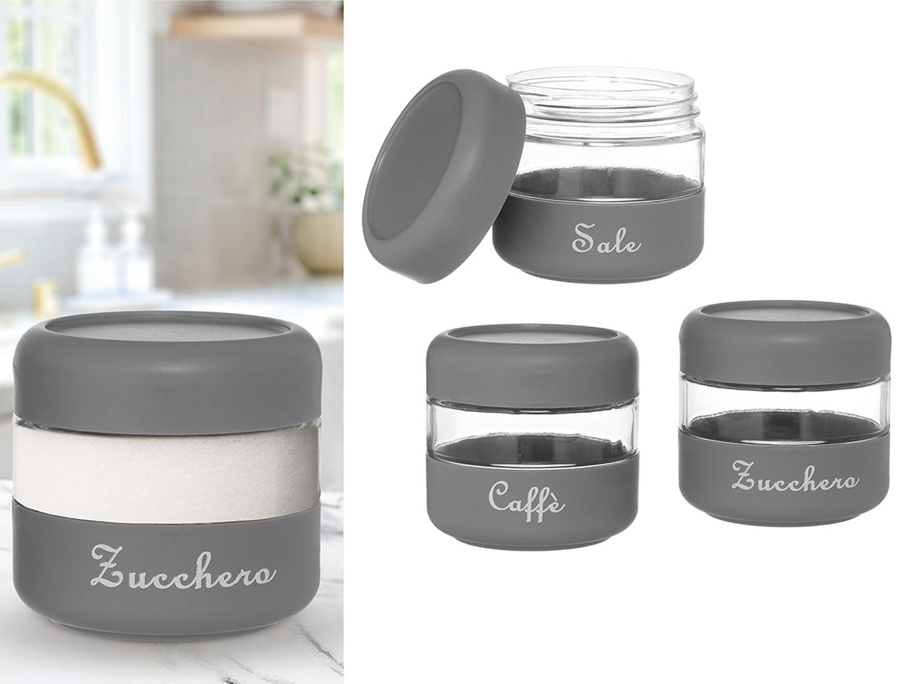 Barattoli decorativi moderni in vetro e plastica grigio 11x13,5 cm, set da 3 - Giardini di Marzo
