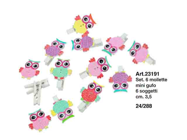 Mollette mini gufo cm.3,5 6 pezzi 23191