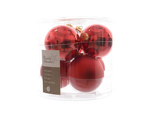 Palla vetro 8cm in confezione da 6 pezzi rosso lucido e opaco