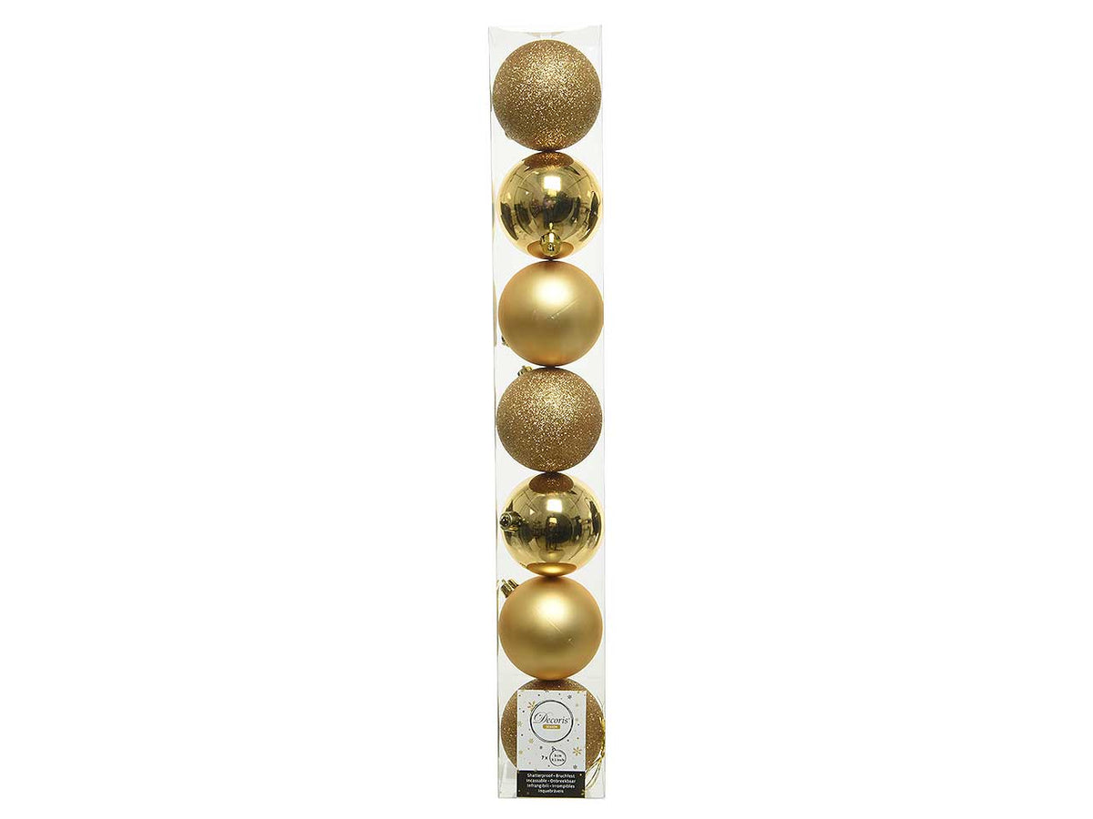Palle di natale infrangibili finitura licida, opaca e glitterata colore oro chiaro misura d.8cm - la confezione comprende 7 palle, 2 lucide, 2 opache e 3 glitterate