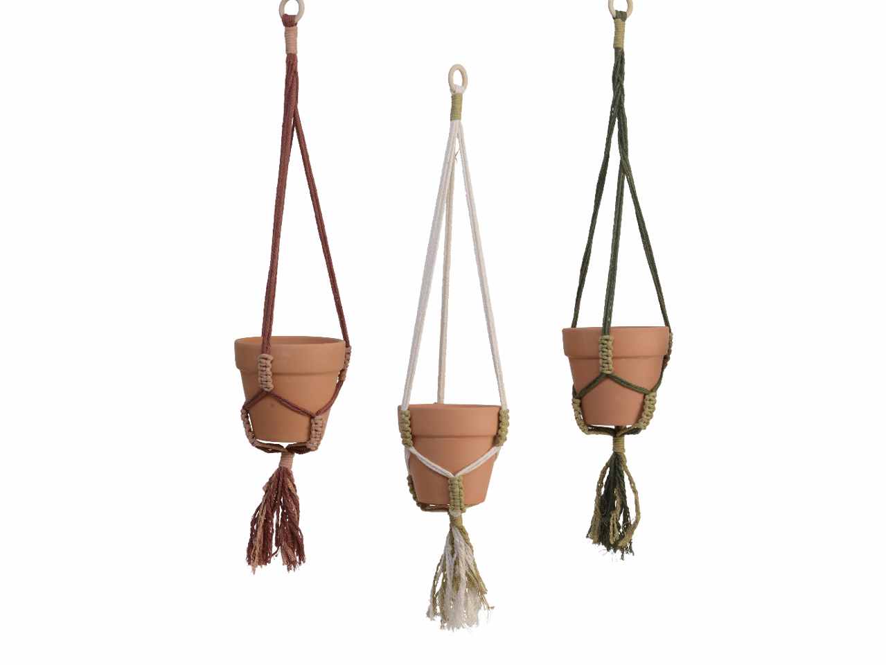 Fioriera decorativa in terracotta con struttura in macramÃ¨ con gancio per sospensione 3 colori assortiti d.12xh.60cm