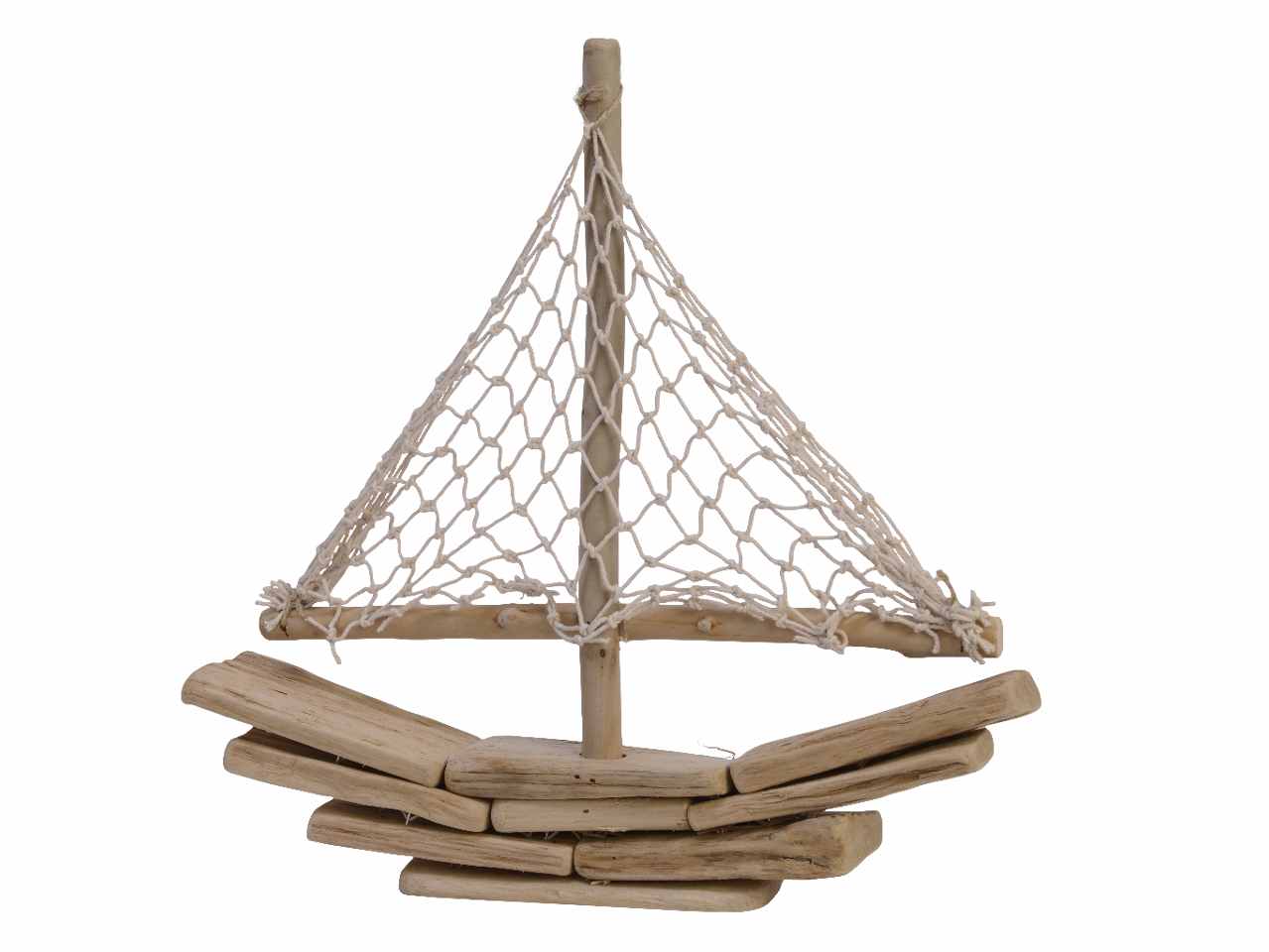Barca decorativa in legno galleggiante con vela rete da pesca in cotone per uso interno 30xh.45cm