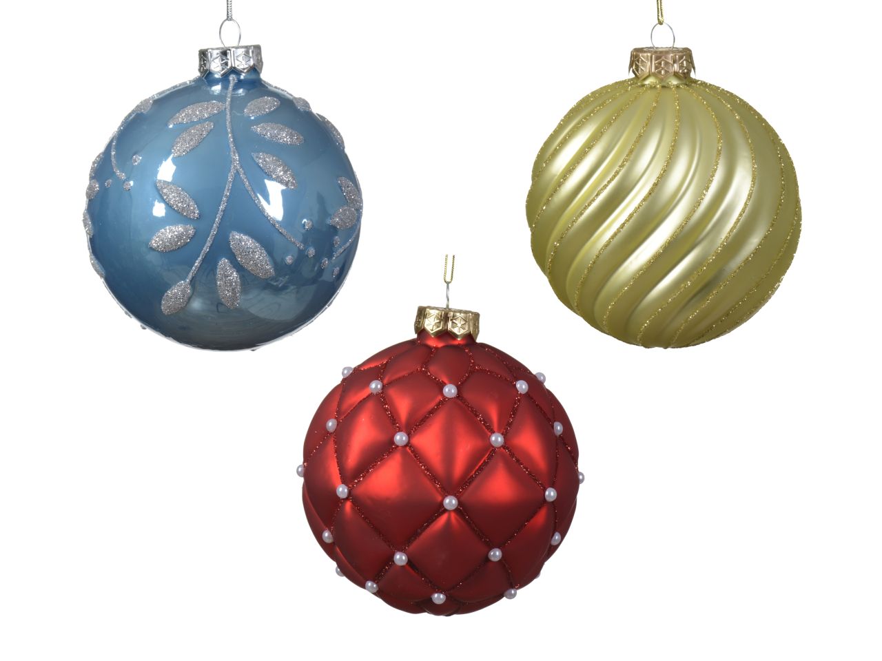 Palla di natale in vetro finitura lucida, opaca con decorazioni glitterate assortite colore blu zucchero misura d.10cm