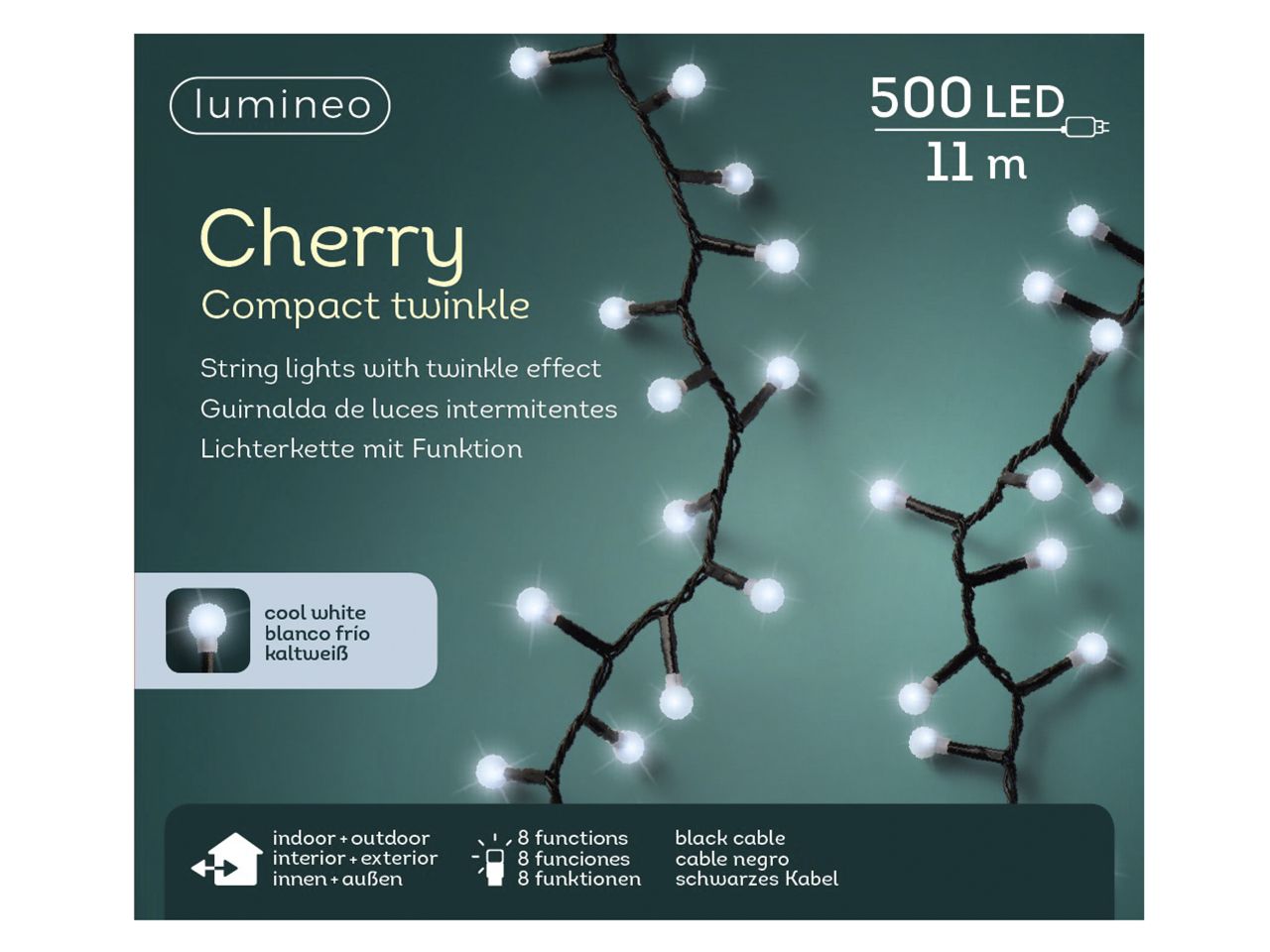 Luci natalizie led a ciliegina con 8 funzioni effetto scintillio ad uso esterno colore nero bianco freddo misura lun.1100cm misura del led 3mm numero di led 500