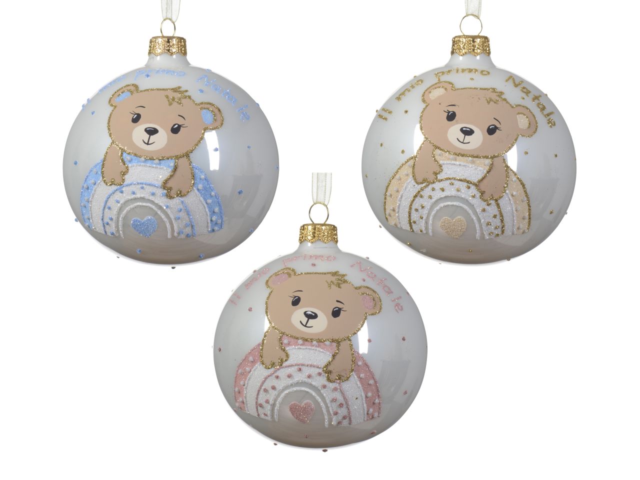 Palla vetro 10cm bianca con orso 3 colori assortiti