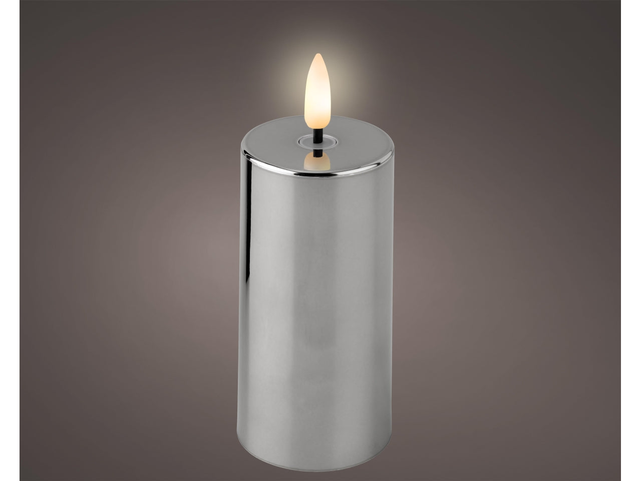 Candela con stoppino e led d.5x12,5cm a batteria argento