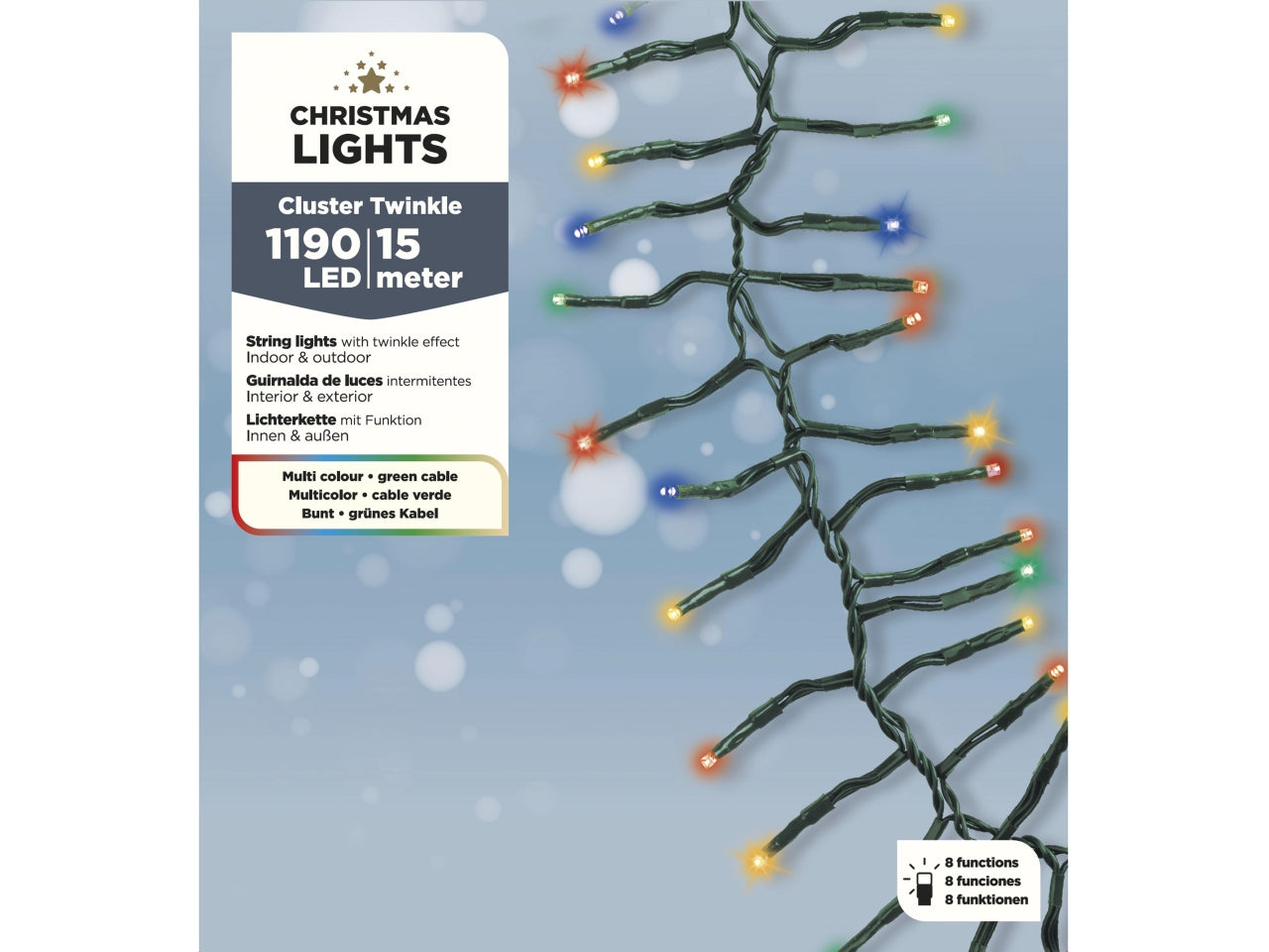 Catena di luci led a grappolo 1500cm effetto scintillio verde per uso esterno
