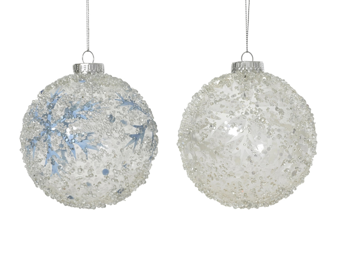 Palla trasparente d.10x10cm con paillettes e fiocchi di neve argento in 2 assortimenti