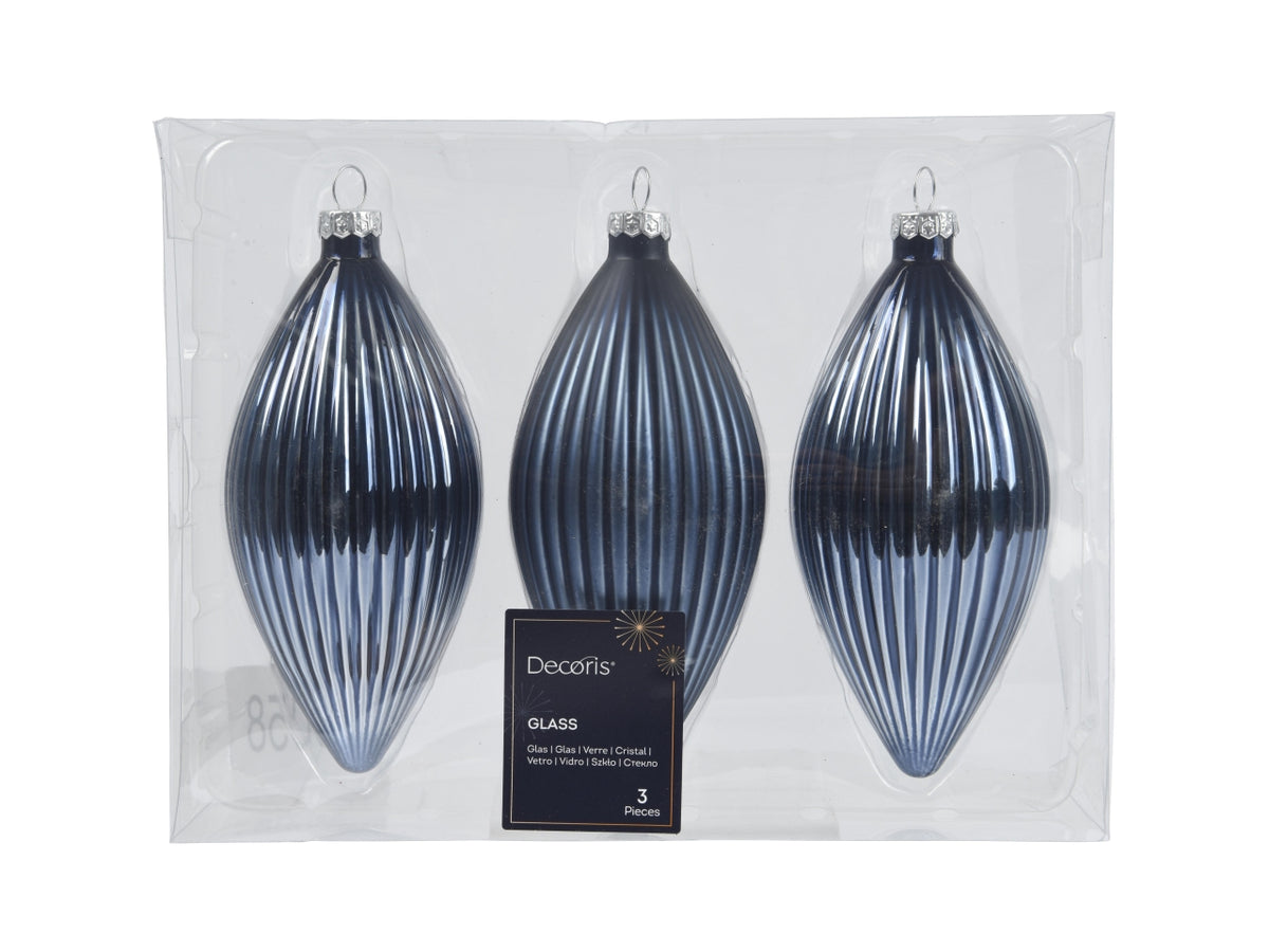 Pendente di vetro natalizio blu opaco e lucido a forma di oliva d.6xh.13 cm, set da 3 pezzi - Decoris