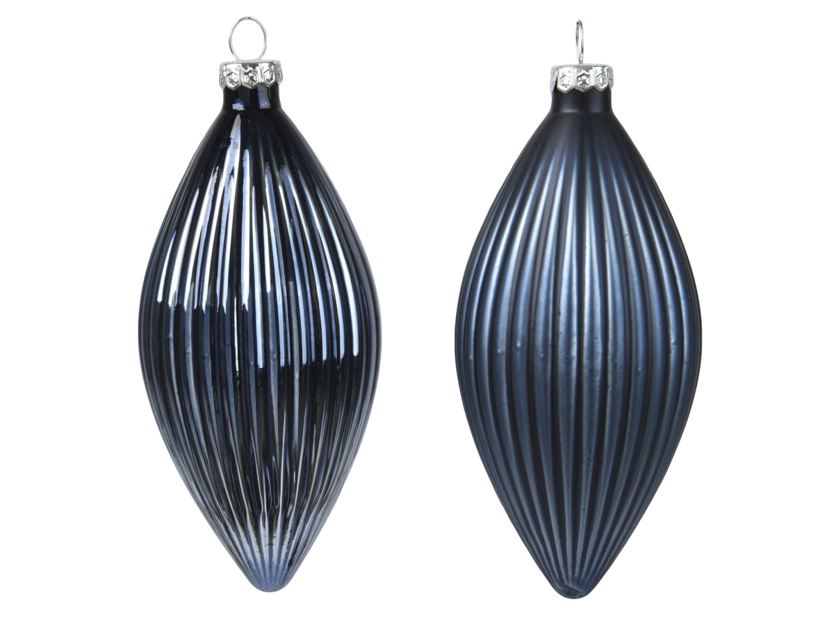Pendente di vetro natalizio blu opaco e lucido a forma di oliva d.6xh.13 cm, set da 3 pezzi - Decoris