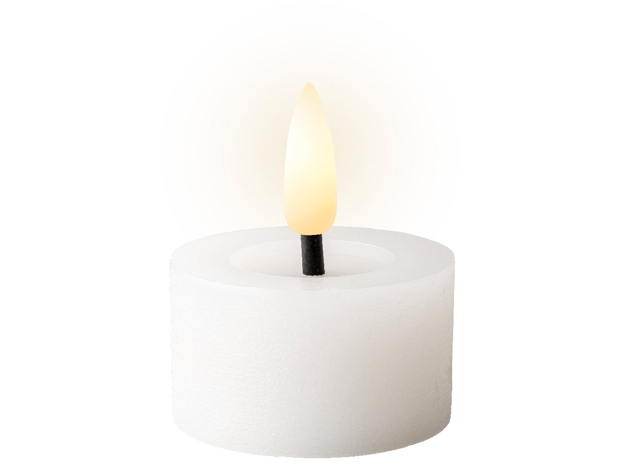 Tealight bianco in cera con luce led bianco caldo diametro 4,4cm x altezza 5,2cm da interno con funzionamento a batteria 1xcr2032 a bottone