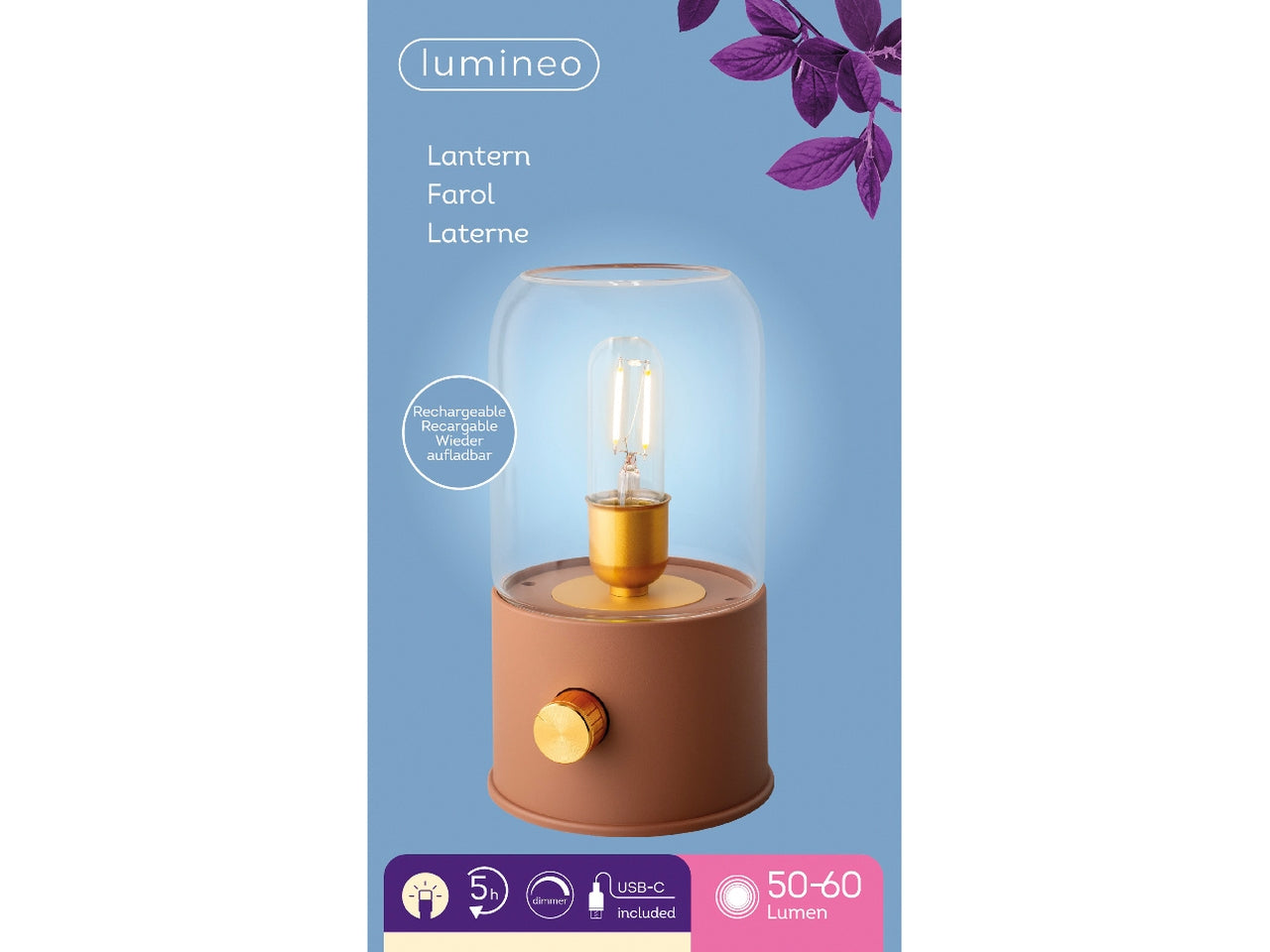 Lampada marrone led da campeggio per interno diametro 11cm per altezza 20cm in plastica con funzionamento a batteria ricaricabile 18650 li-ion