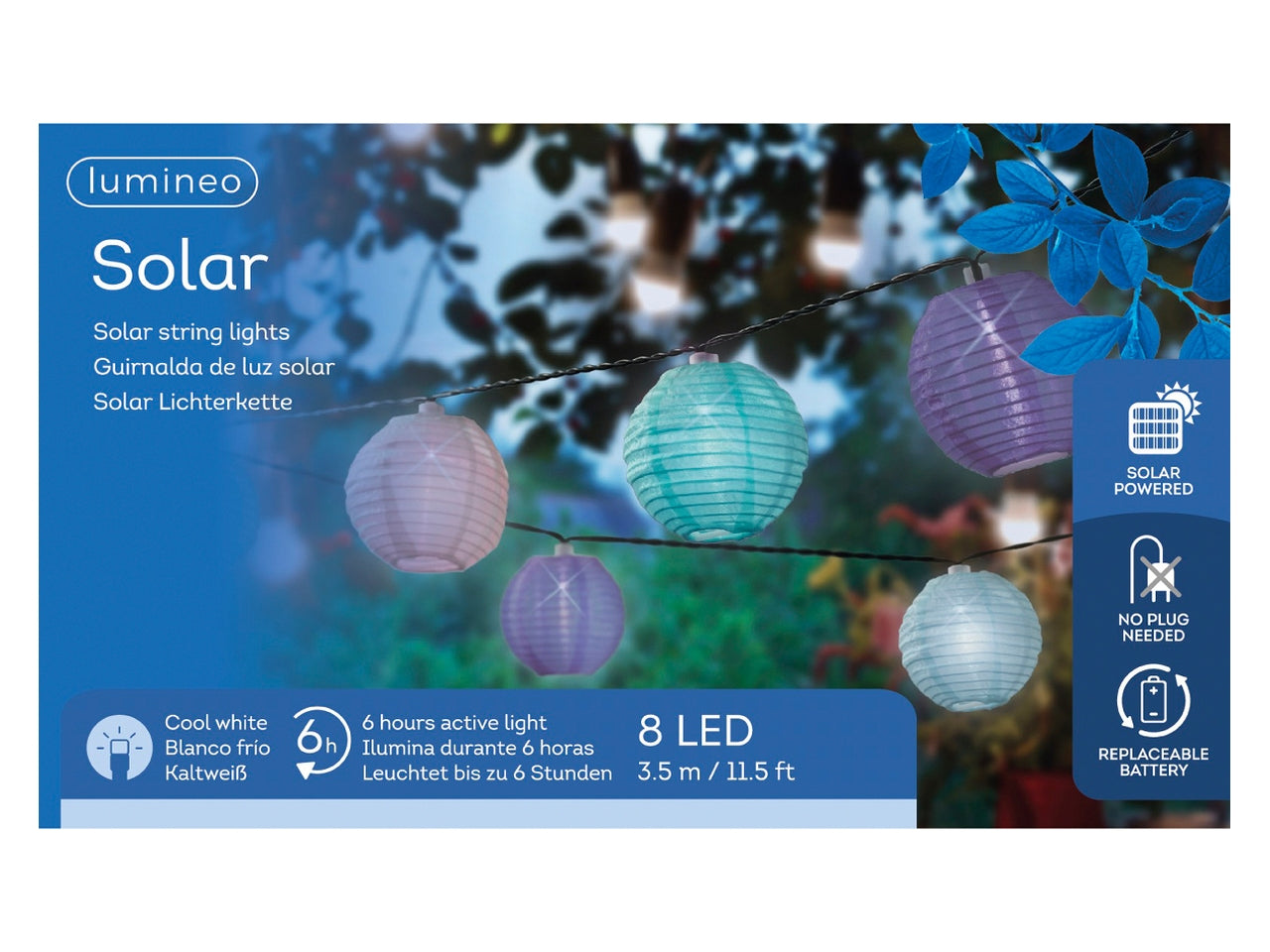 Catena luminosa solare con lanterne bianche a luce fissa bianco caldo lunghezza 350cm