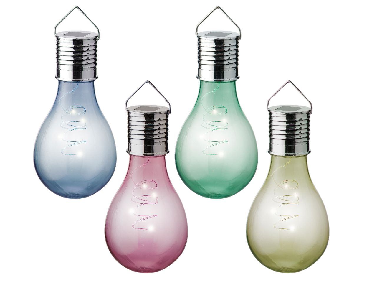 Lampada solare in vetro diametro 8cm x altezza 14cm 4 colori assortiti luce fissa bianco caldo