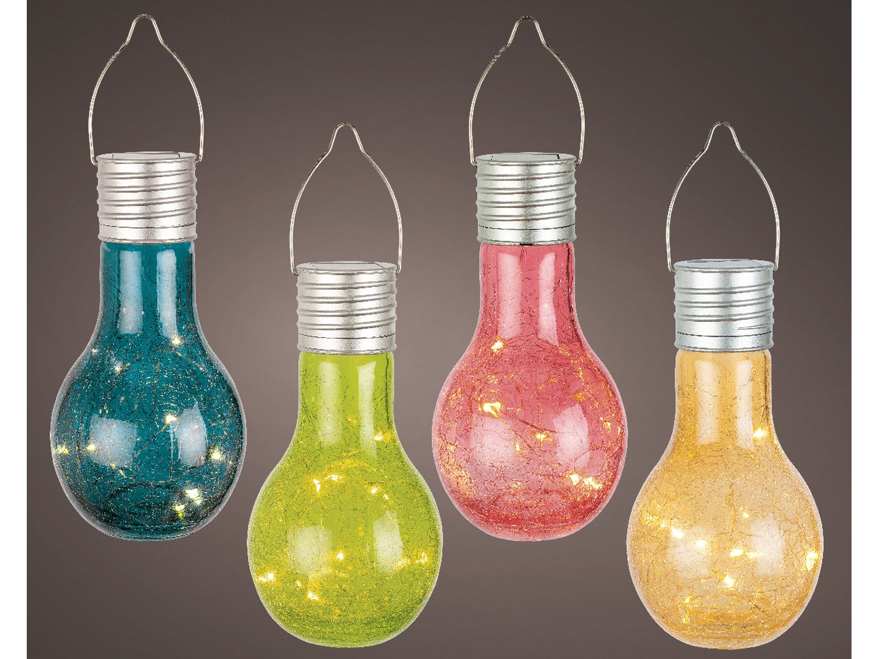 Lampada solare in vetro diametro 9cm x altezza 17cm 4 colori assortiti luce fissa bianco caldo