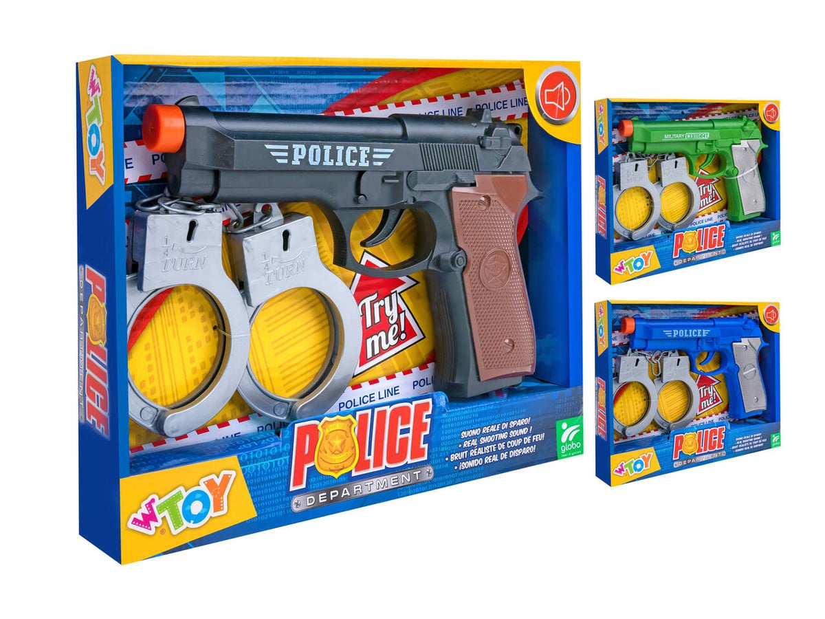 W toy pistola a batteria con suoni e  manette in 3 colorazioni