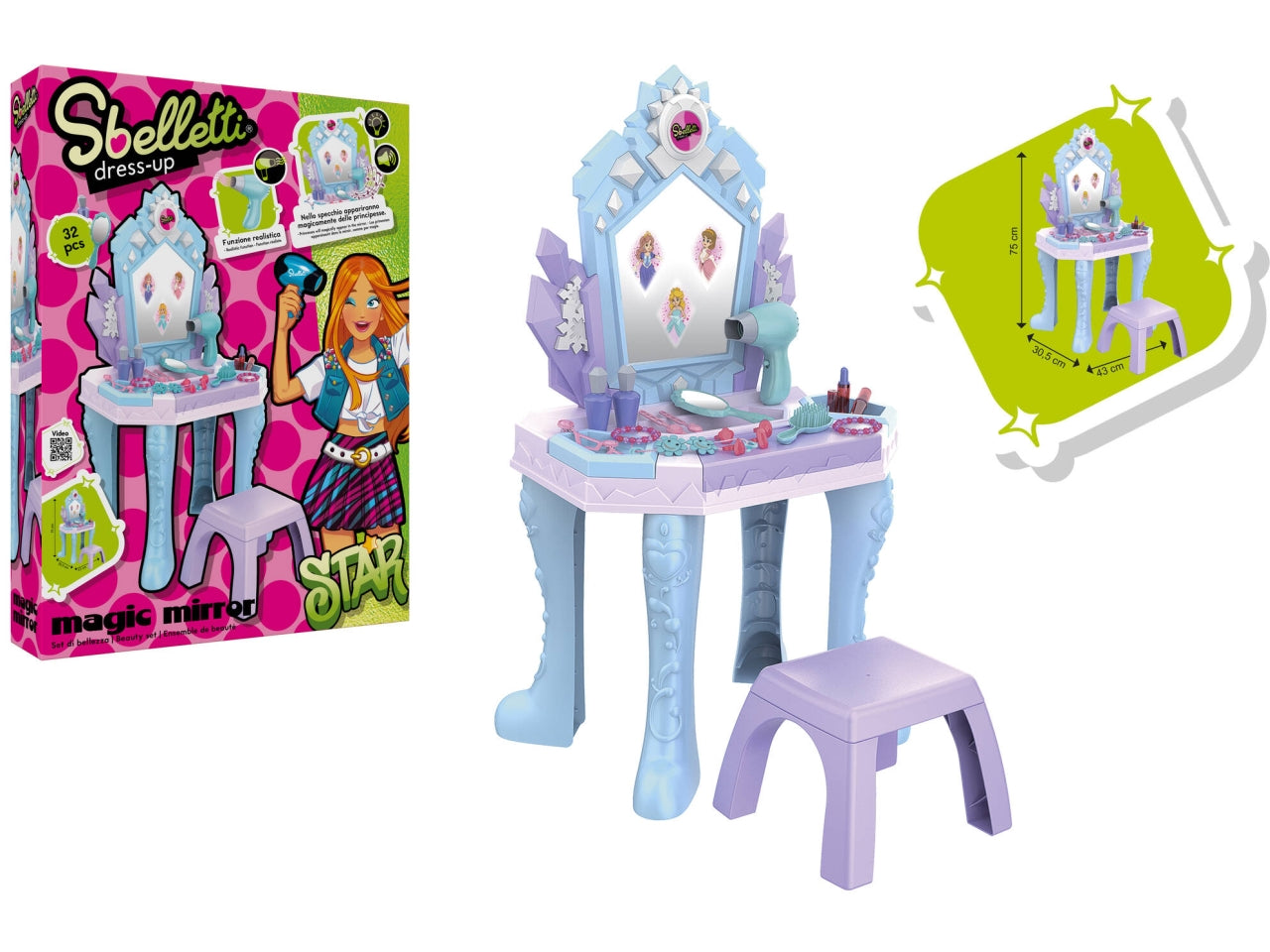 Sbelletti specchiera batteria 75cm con luce e sgabello phon batteria