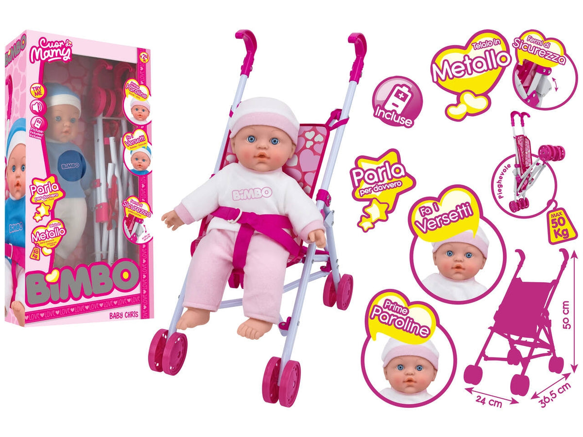 Bimbo bambola 41cm a batteria 6 frasi  con passeggino42481