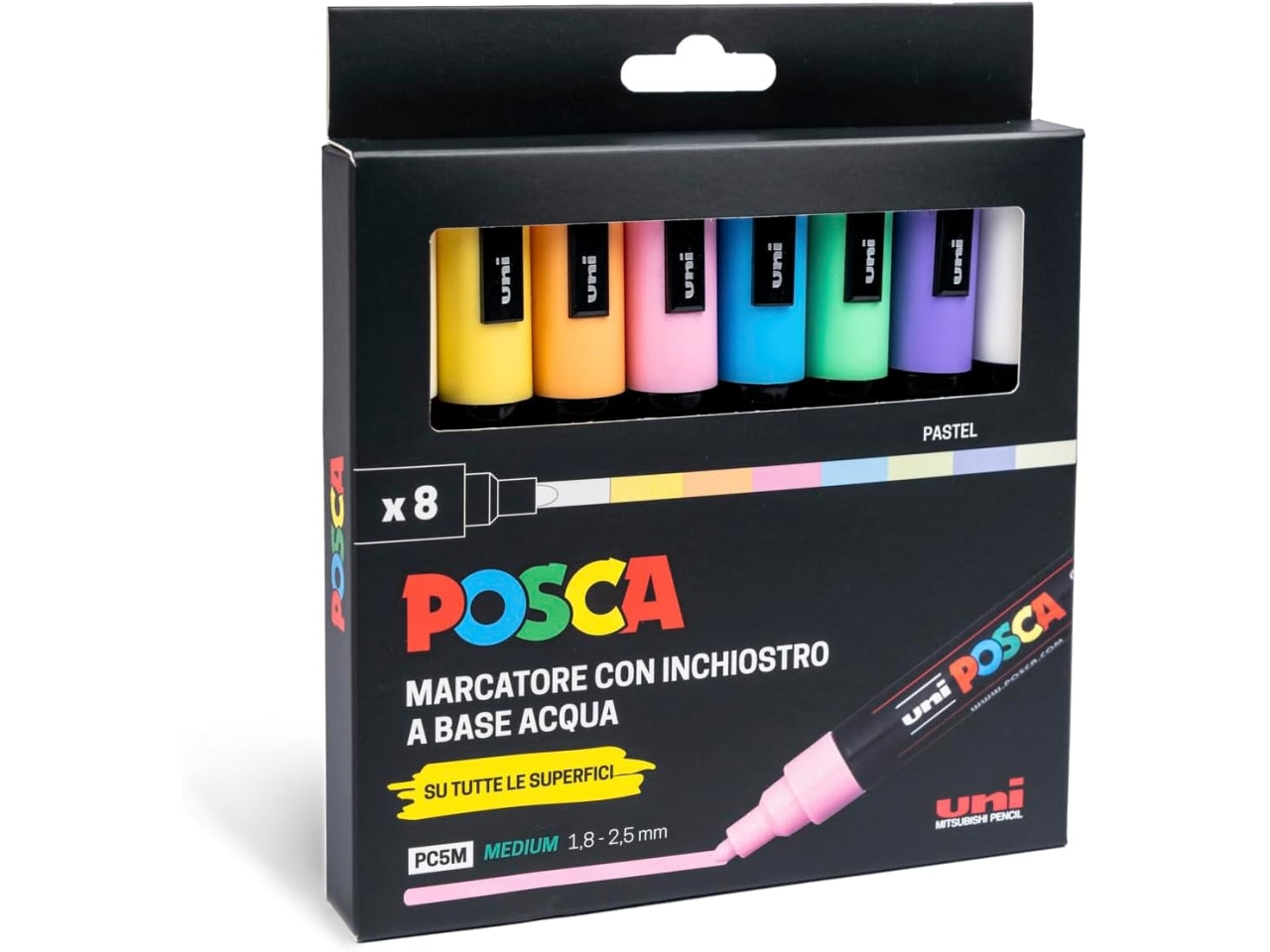 Posca pennarelli set da 8 marcatori assortiti pastello punta media tratto 1,8/2,5 mm, inchiostro a base d'acqua per tutte le superfici