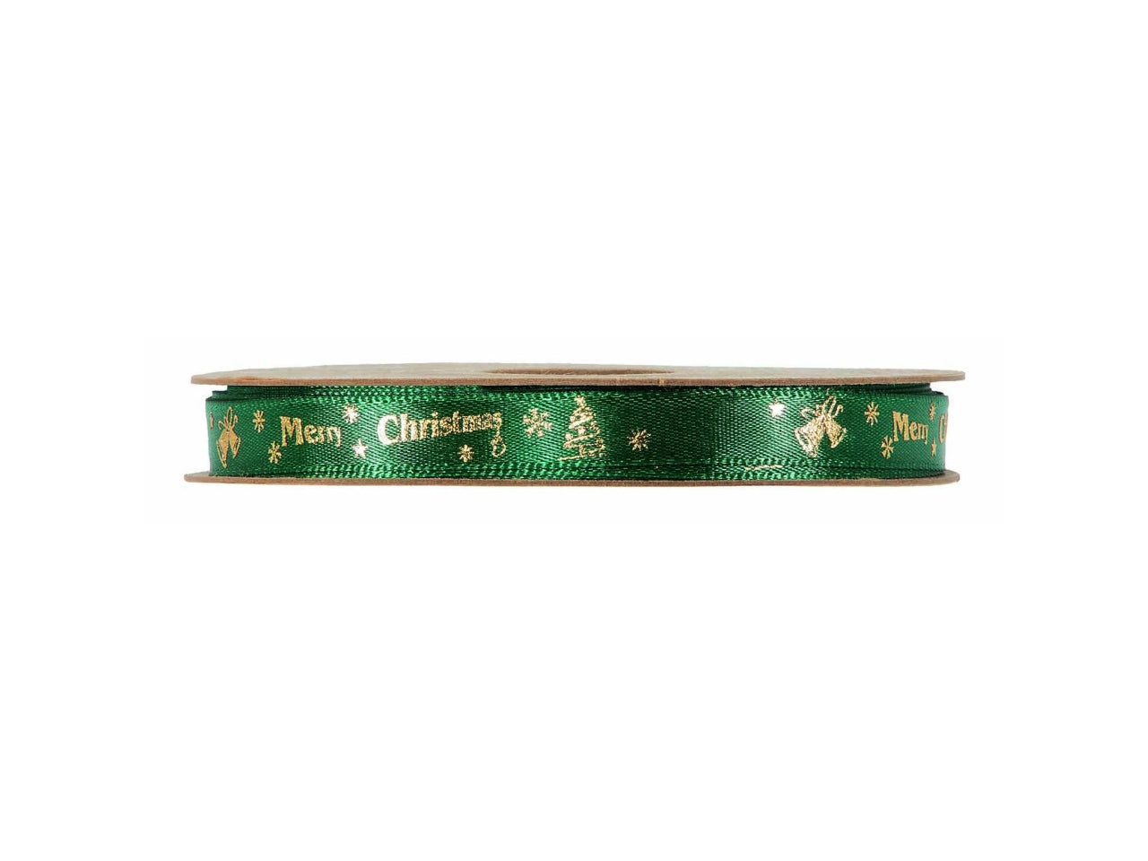 Nastro regalo verde con scritta Merry christmas e campane dorate in poliestere 1cm x 25m  - Piovaccari
