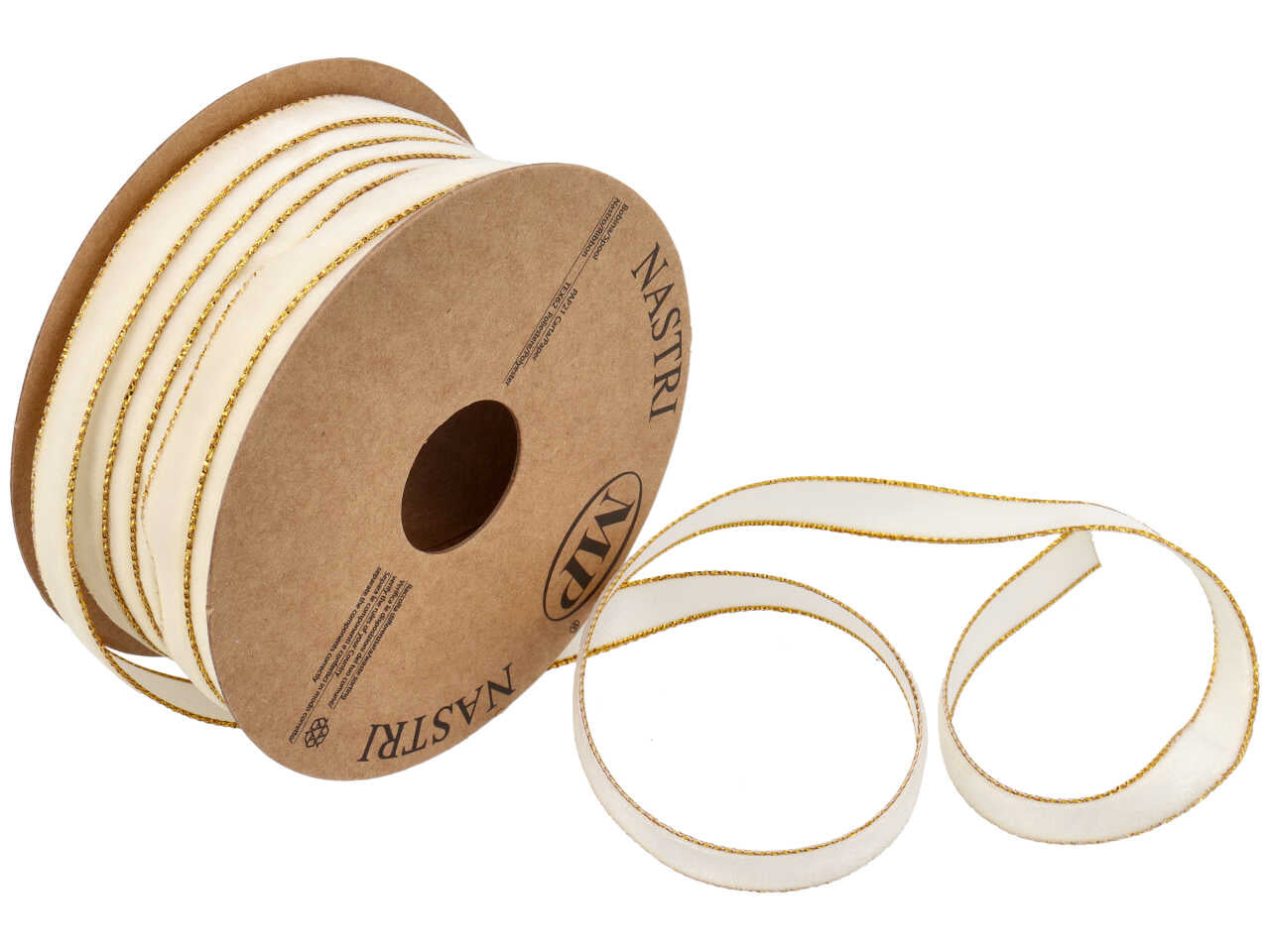 Nastro regalo in velluto crema con bordatura dorato 0,9cm x 20m - Piovaccari