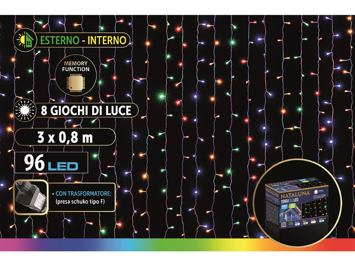 Tenda di luci a cascata con 96 led multicolor con 8 funzioni 24v misura 3mtx0,80cm