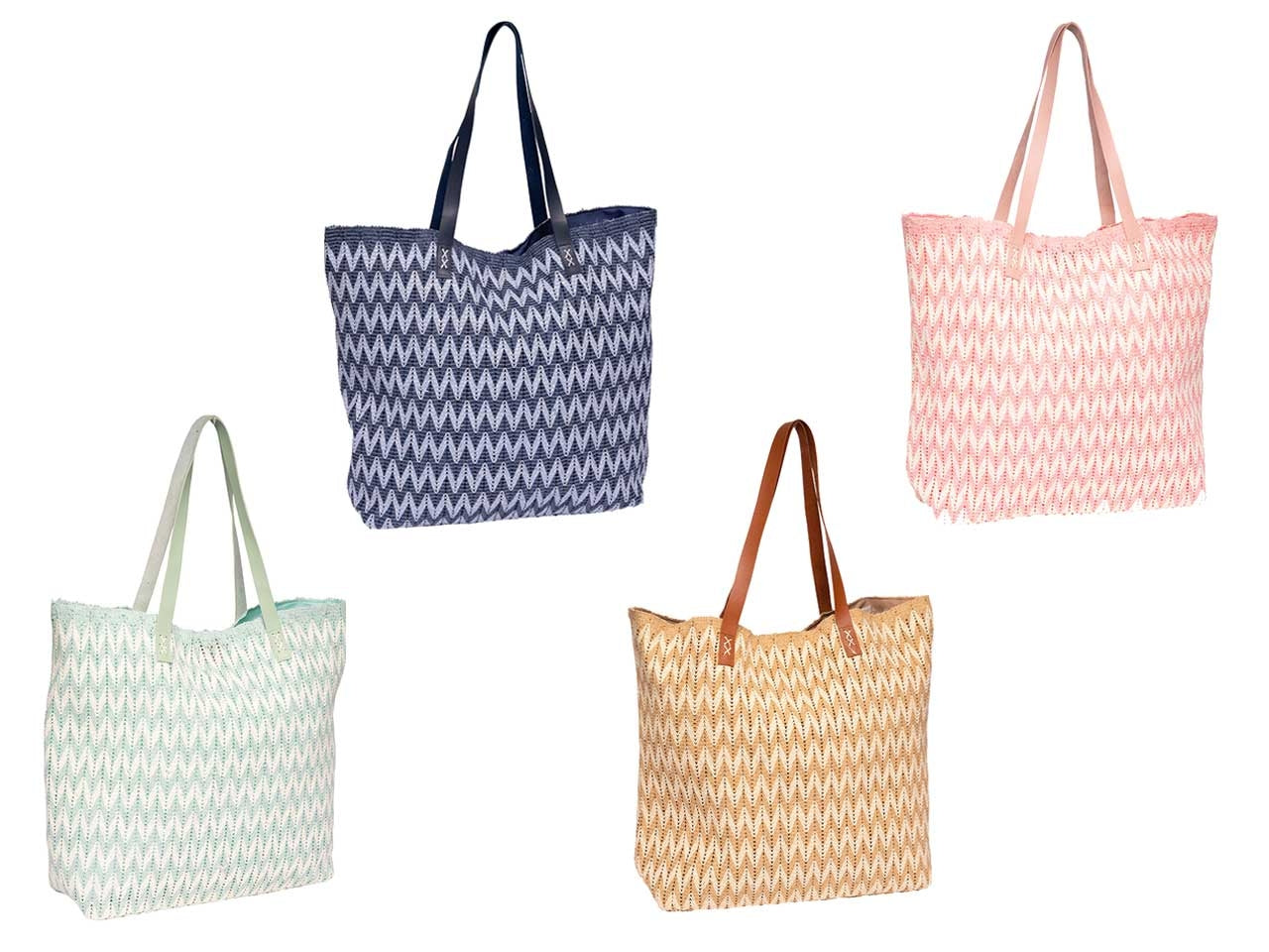 Borsa mare intrecciata in carta paglia naturale in 4 colori assortiti a zig zag 38x14x40 cm - Rox