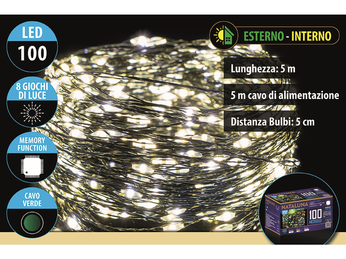 Catena lineare da 100 microled bianco caldo, 5mt+5mt per uso interno/esterno con 8 funzioni cavo verde